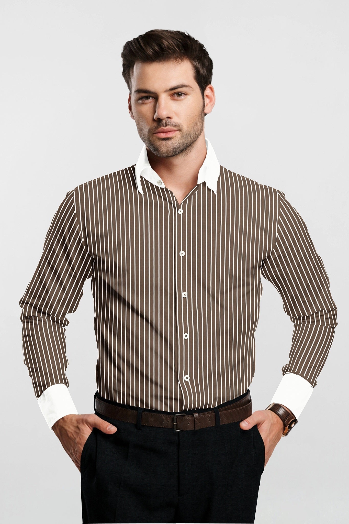 Tortilla Brown and White Pinstripes Designer Cotton Shirt