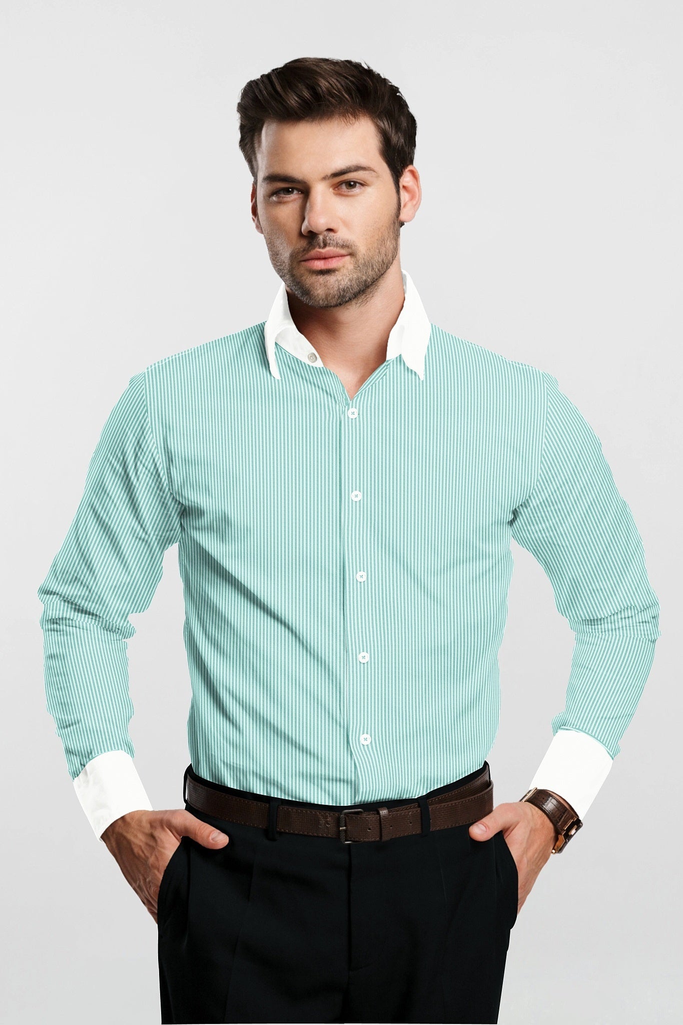 Ambrosia Green and White Candy Stripes Designer Cotton Shirt