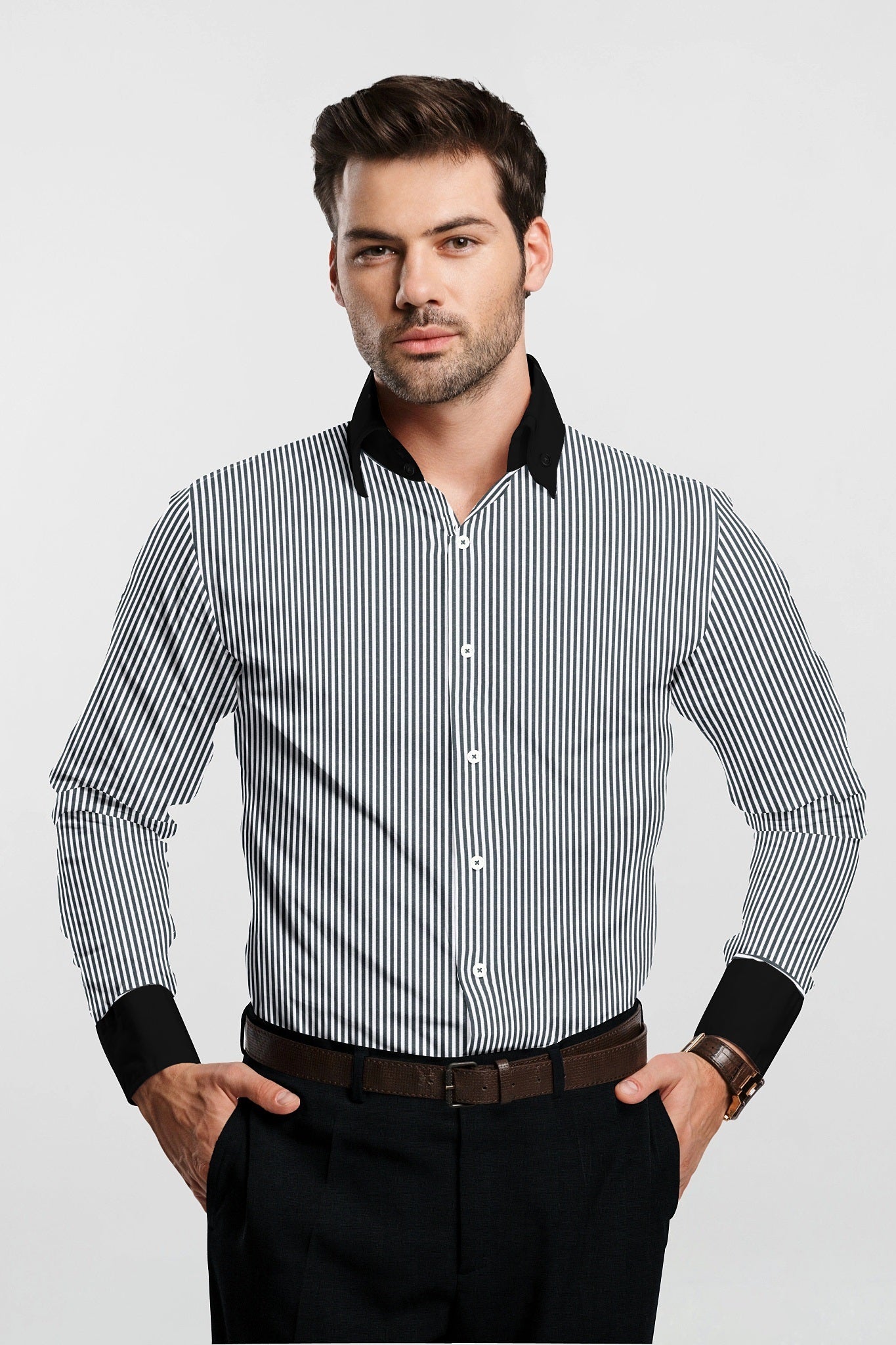 Charcoal Black and White Candy Stripes Designer Cotton Shirt