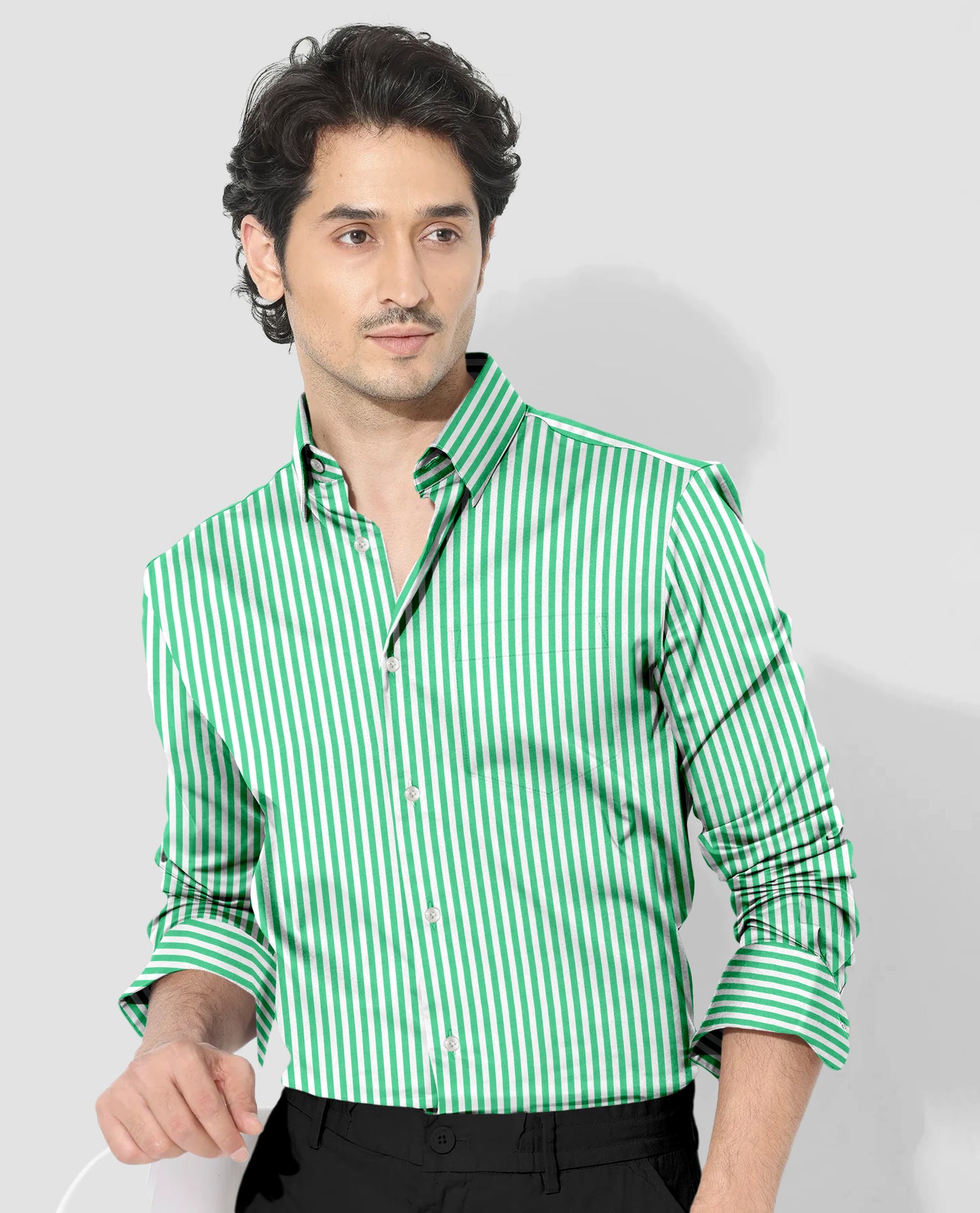 White and Zephyr Green Candy Stripes Cotton Shirt