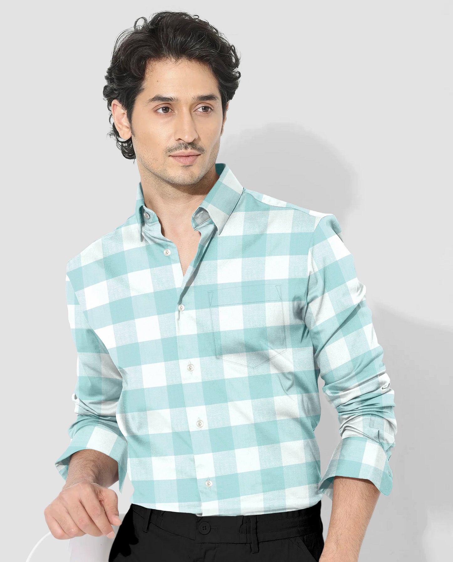 White and Turquoise Blue Buffalo Chekcs Oxford Cotton Shirt