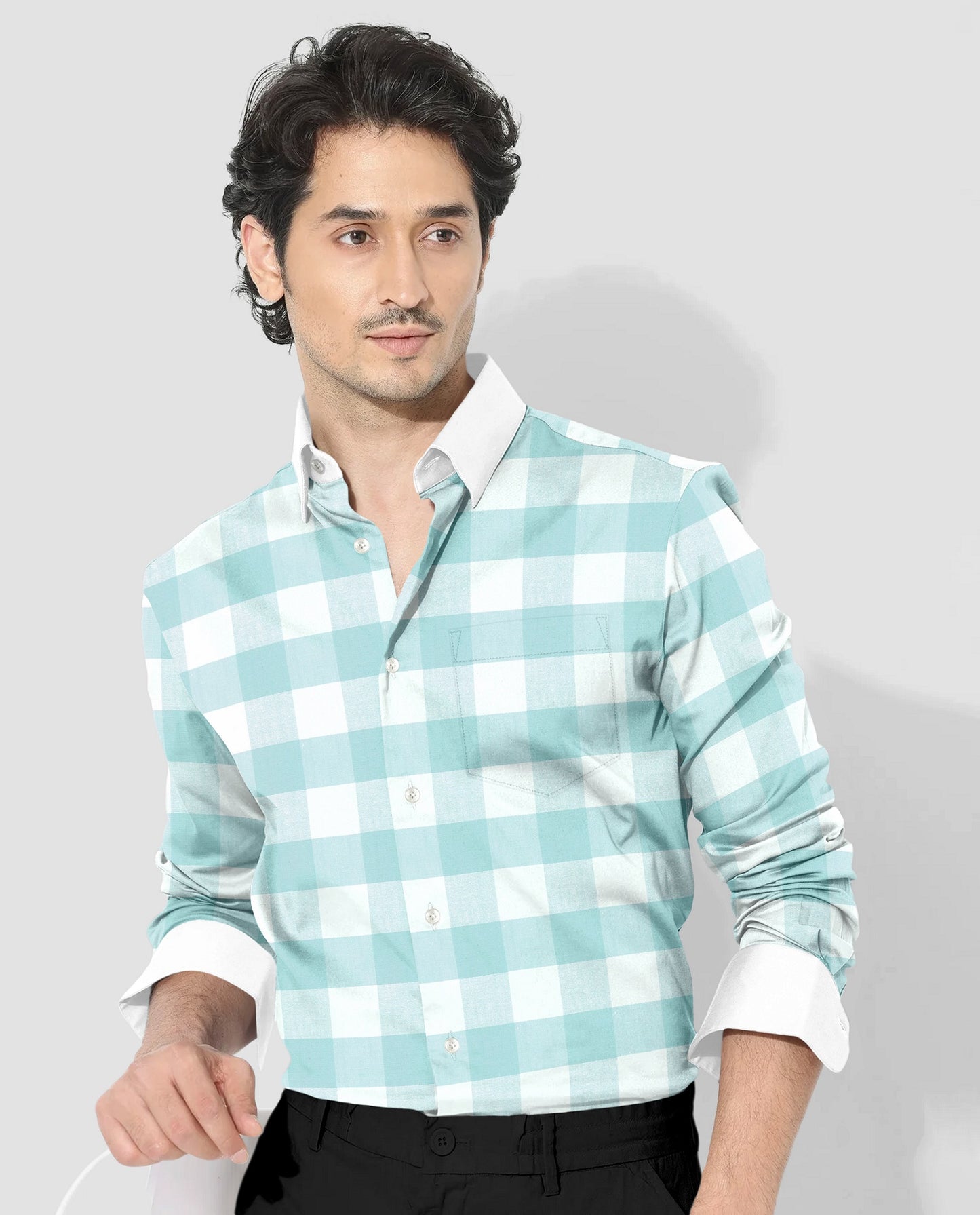 White and Turquoise Blue Buffalo Chekcs Oxford Designer Cotton Shirt