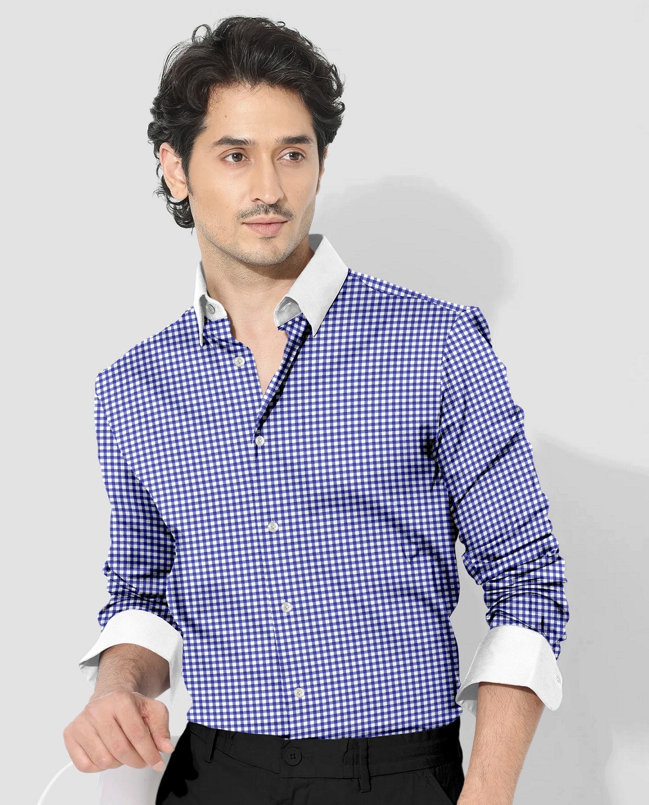 White and Amparo Blue Gingham Checks Designer Cotton Shirt