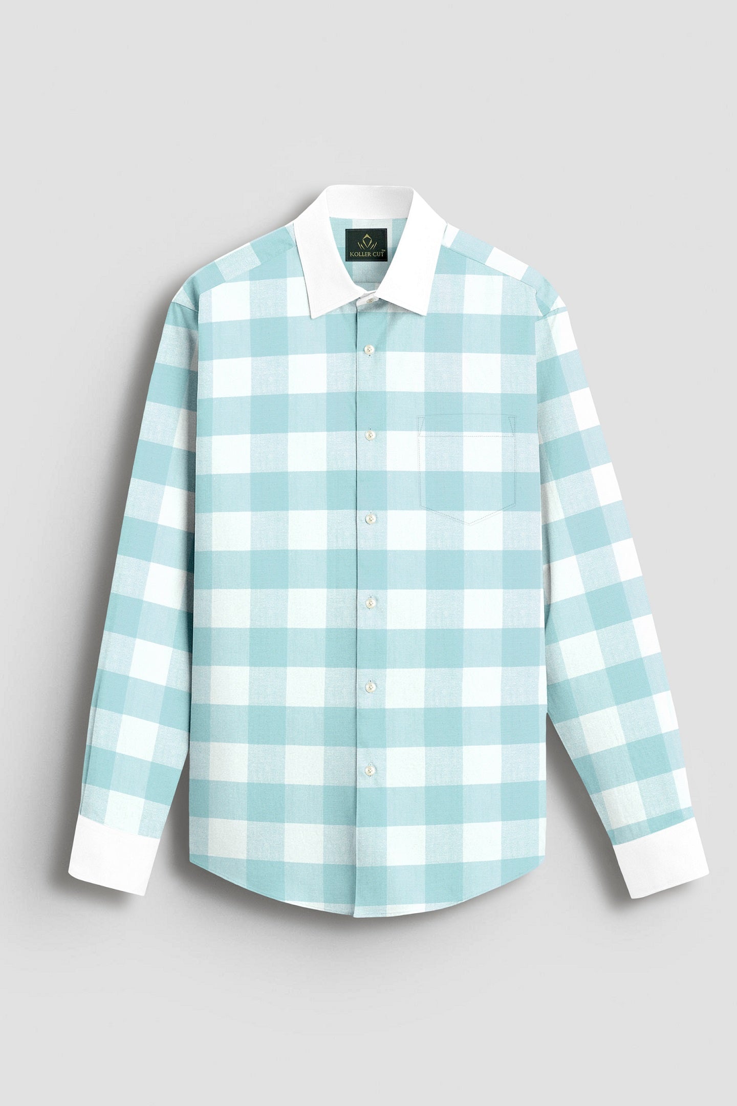 White and Turquoise Blue Buffalo Chekcs Oxford Designer Cotton Shirt