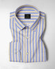 White with Lapis Blue and Lemon Yellow Multicolored Multitrack Stripes Cotton Shirt