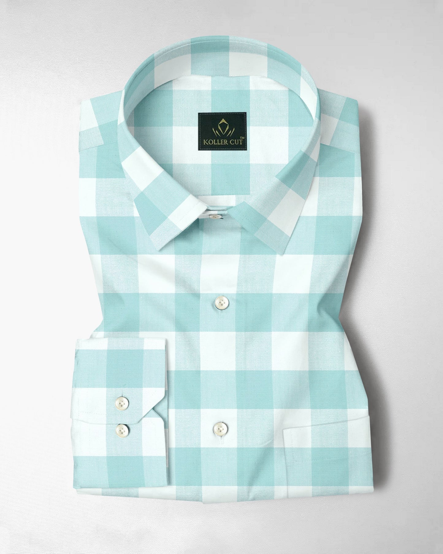 White and Turquoise Blue Buffalo Chekcs Oxford Cotton Shirt