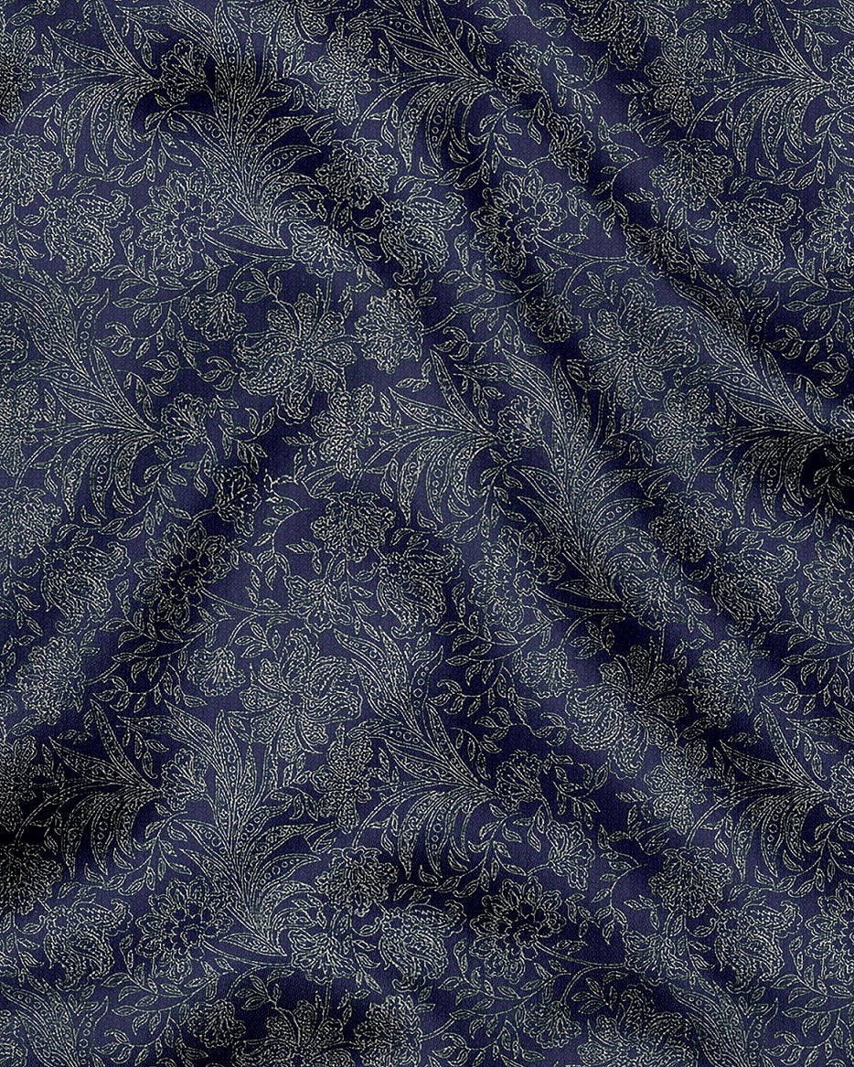 Insignia Blue With Olive Green Vector Flower Printed Designer Cotton Shirt