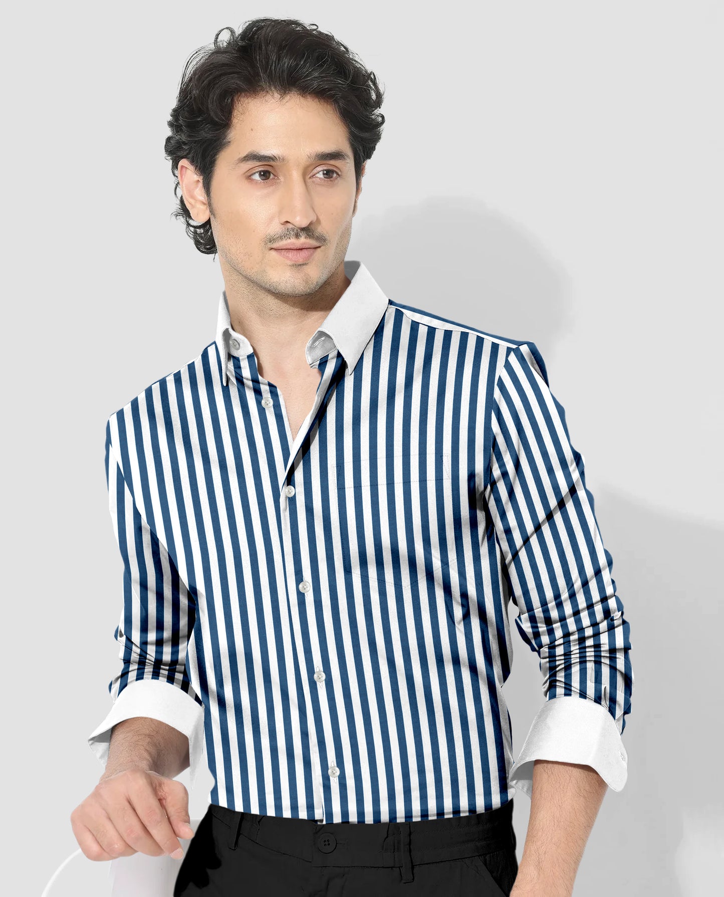 White and Victoria Blue Chalk Stripes Designer Cotton Shirt