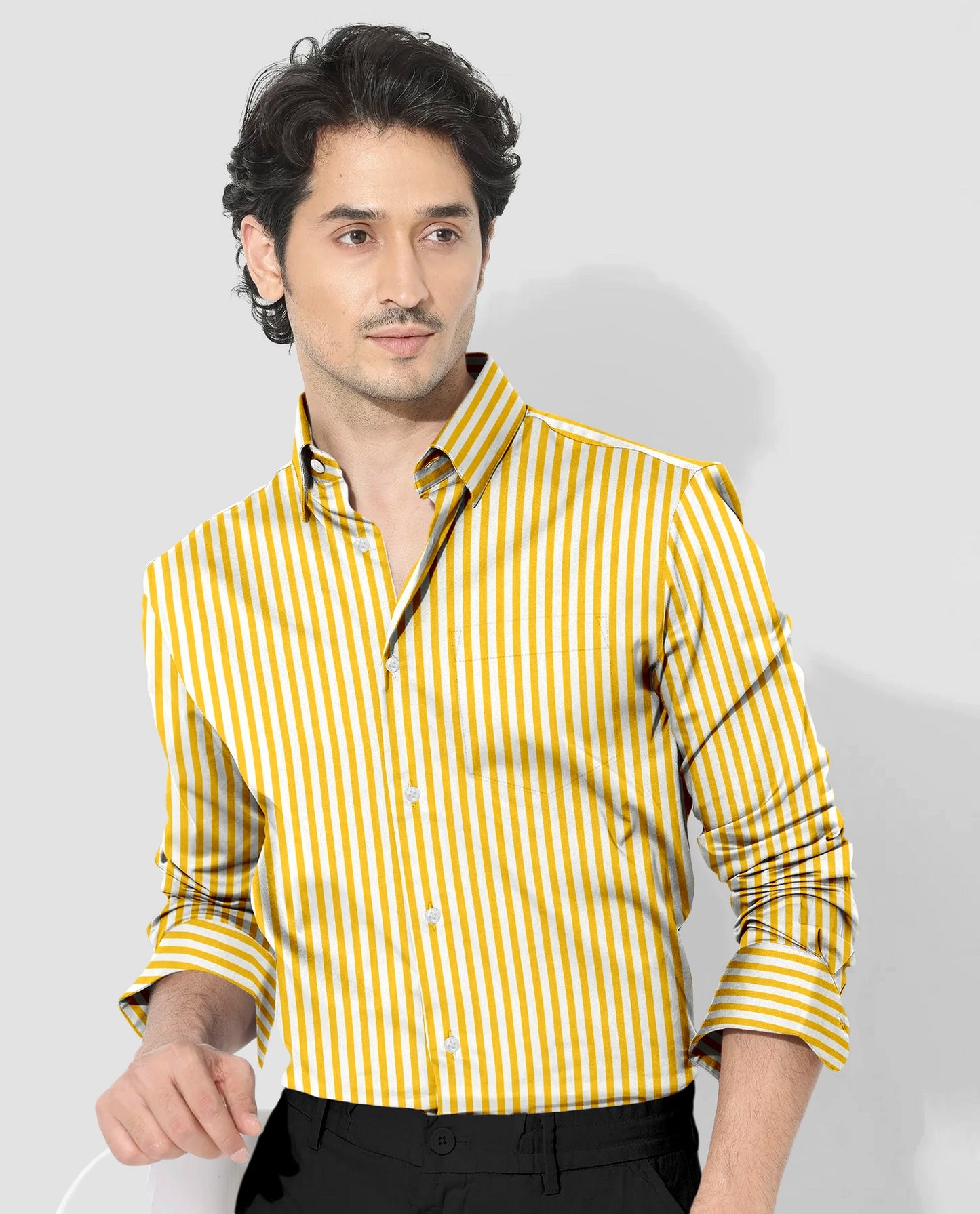 Lemon Yellow and White Candy Stripes Cotton Shirt