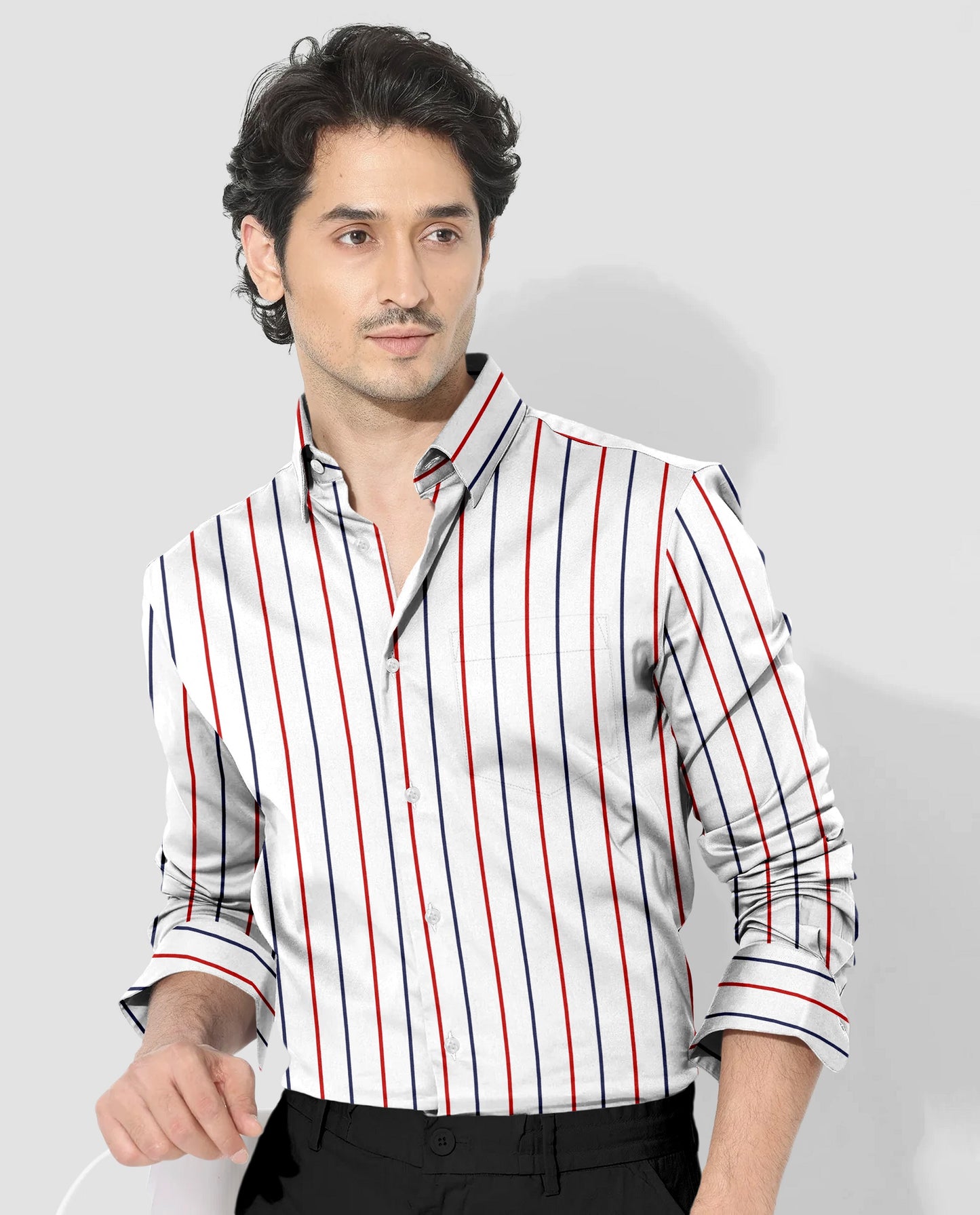 White with Scarlet Red and Navy Stripes Cotton Shirt
