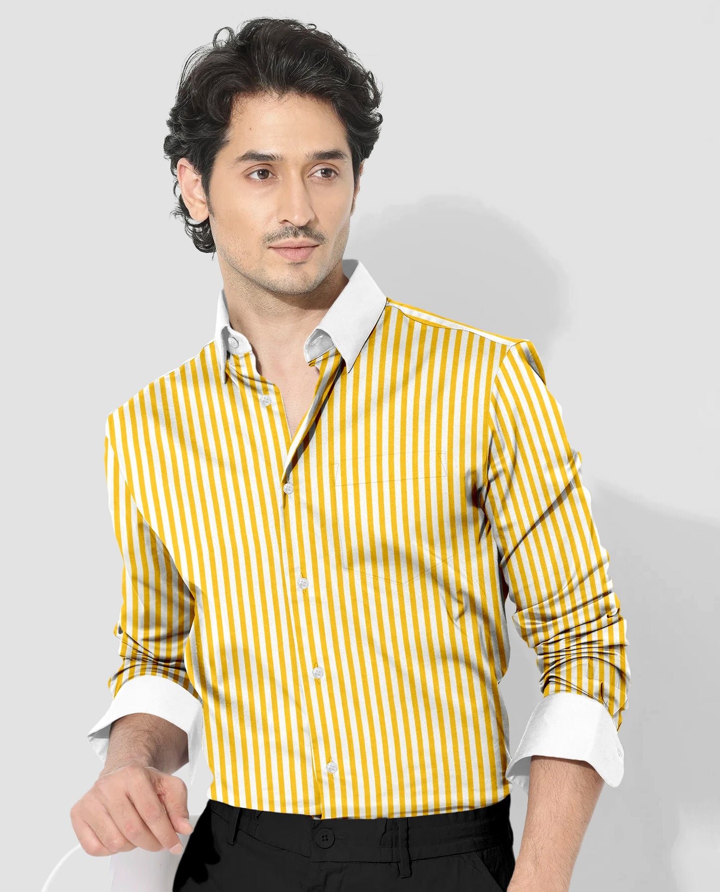Lemon Yellow and White Candy Stripes Designer Cotton Shirt