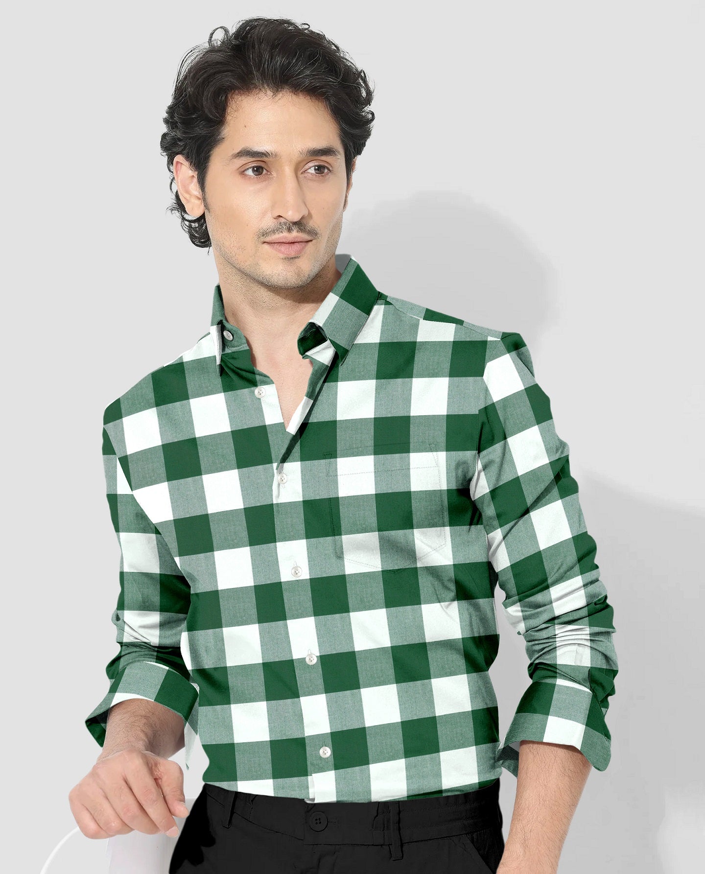 White and Emerald Green Buffalo Chekcs Oxford Cotton Shirt