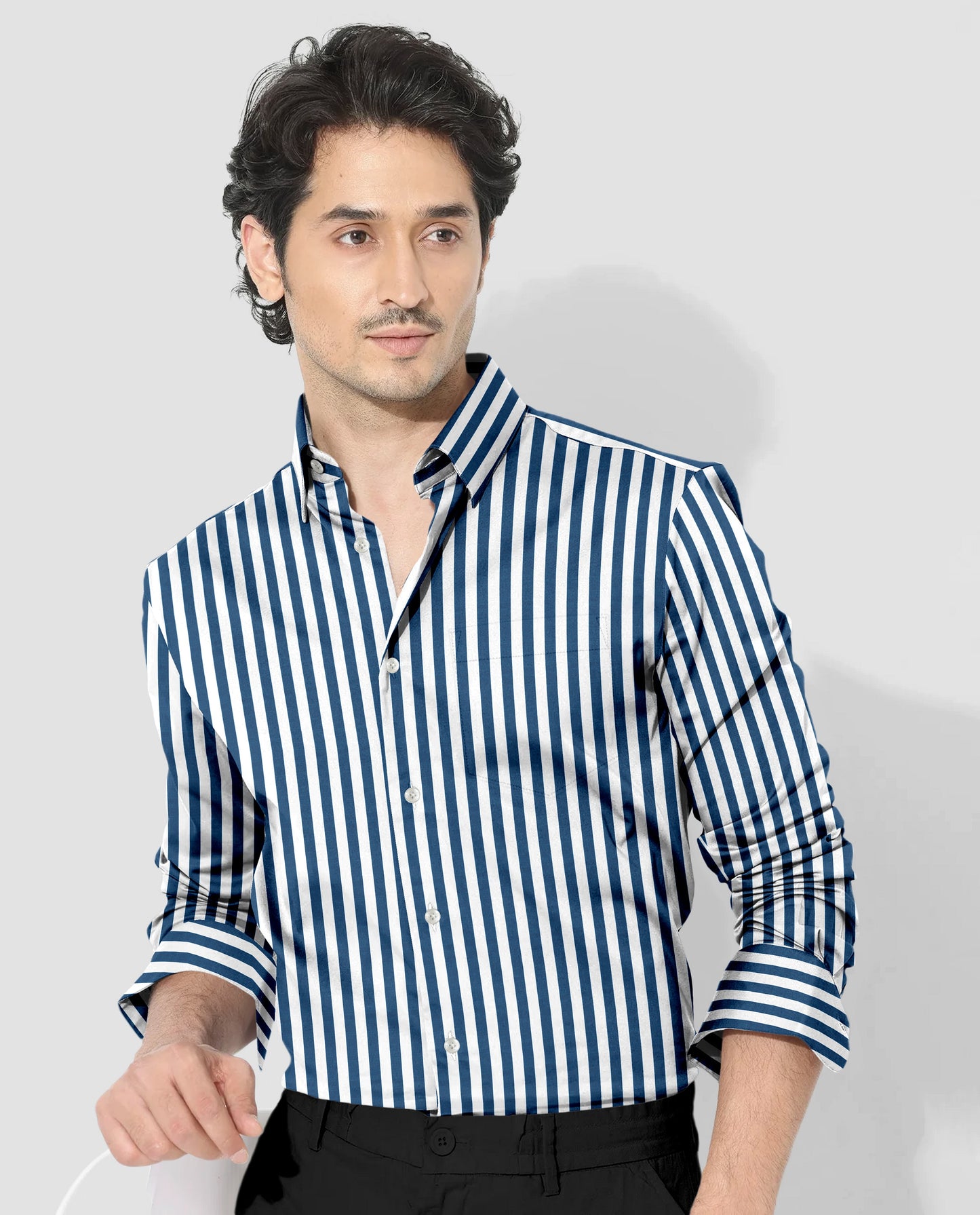 White and Victoria Blue Chalk Stripes Cotton Shirt
