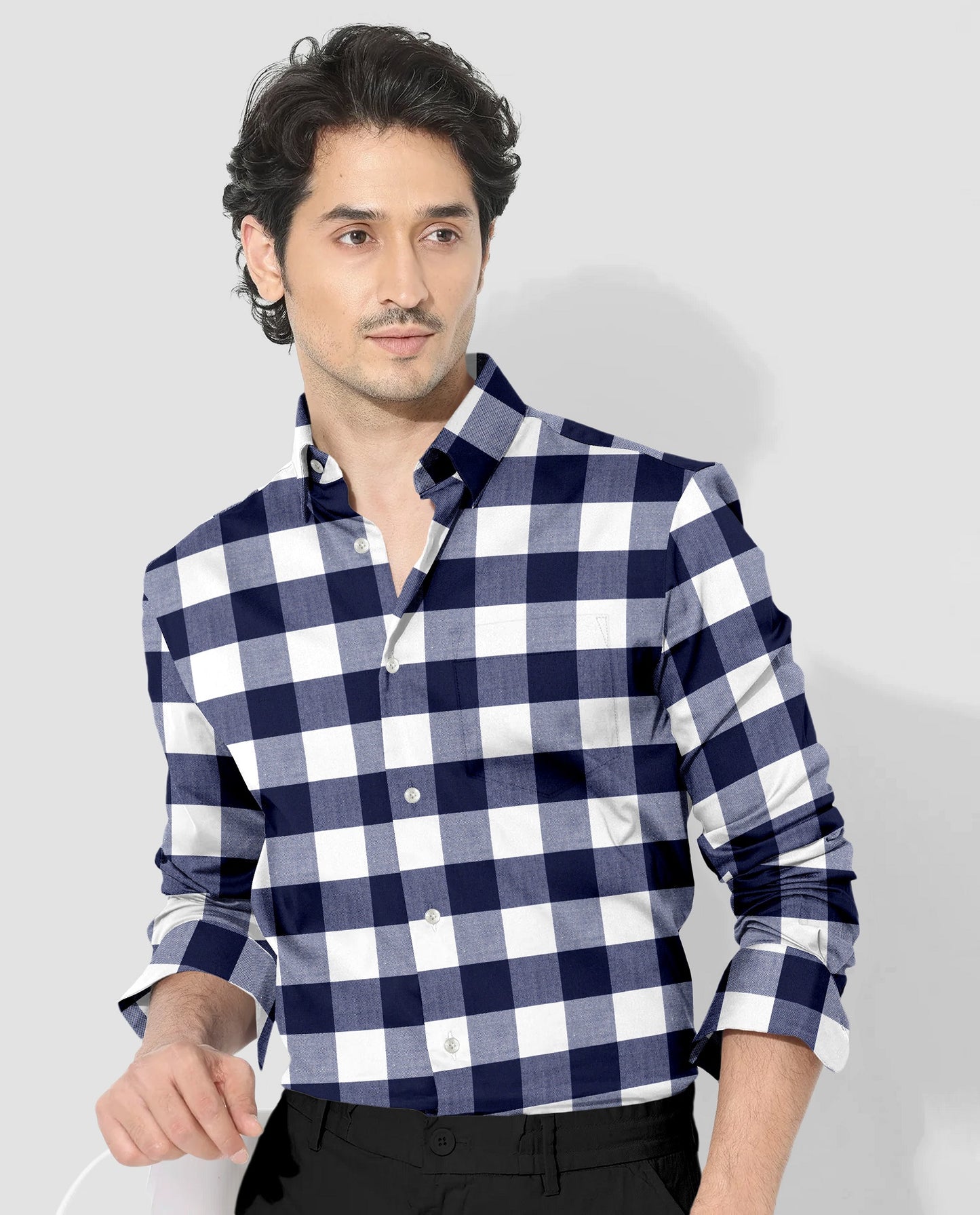 White and Ink Blue Buffalo Checks Cotton Shirt