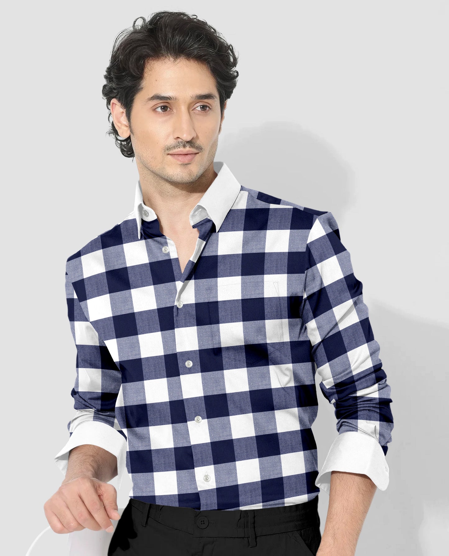 White and Ink Blue Buffalo Checks Designer Cotton Shirt