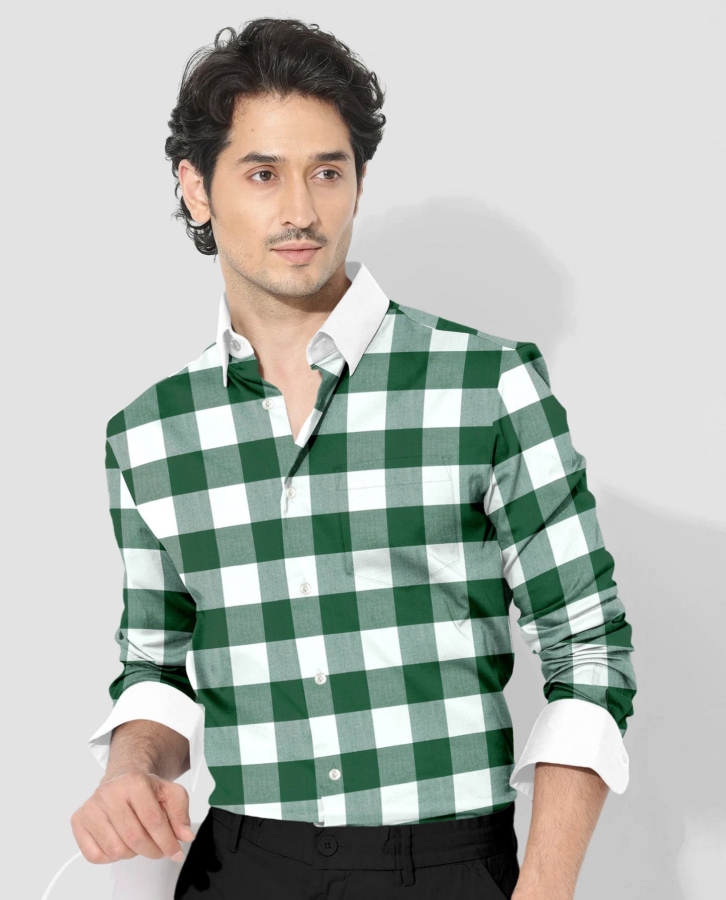 White and Emerald Green Buffalo Chekcs Oxford Designer Cotton Shirt
