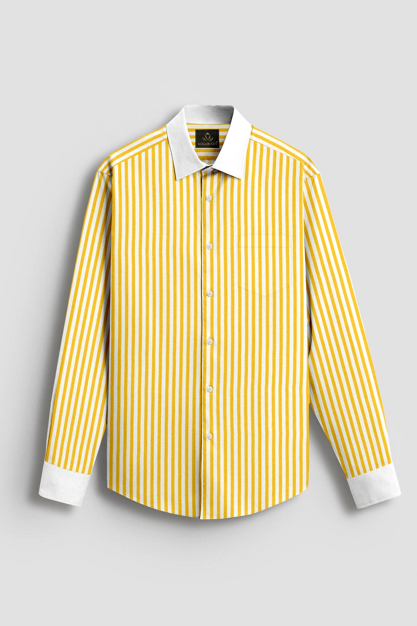Lemon Yellow and White Candy Stripes Designer Cotton Shirt