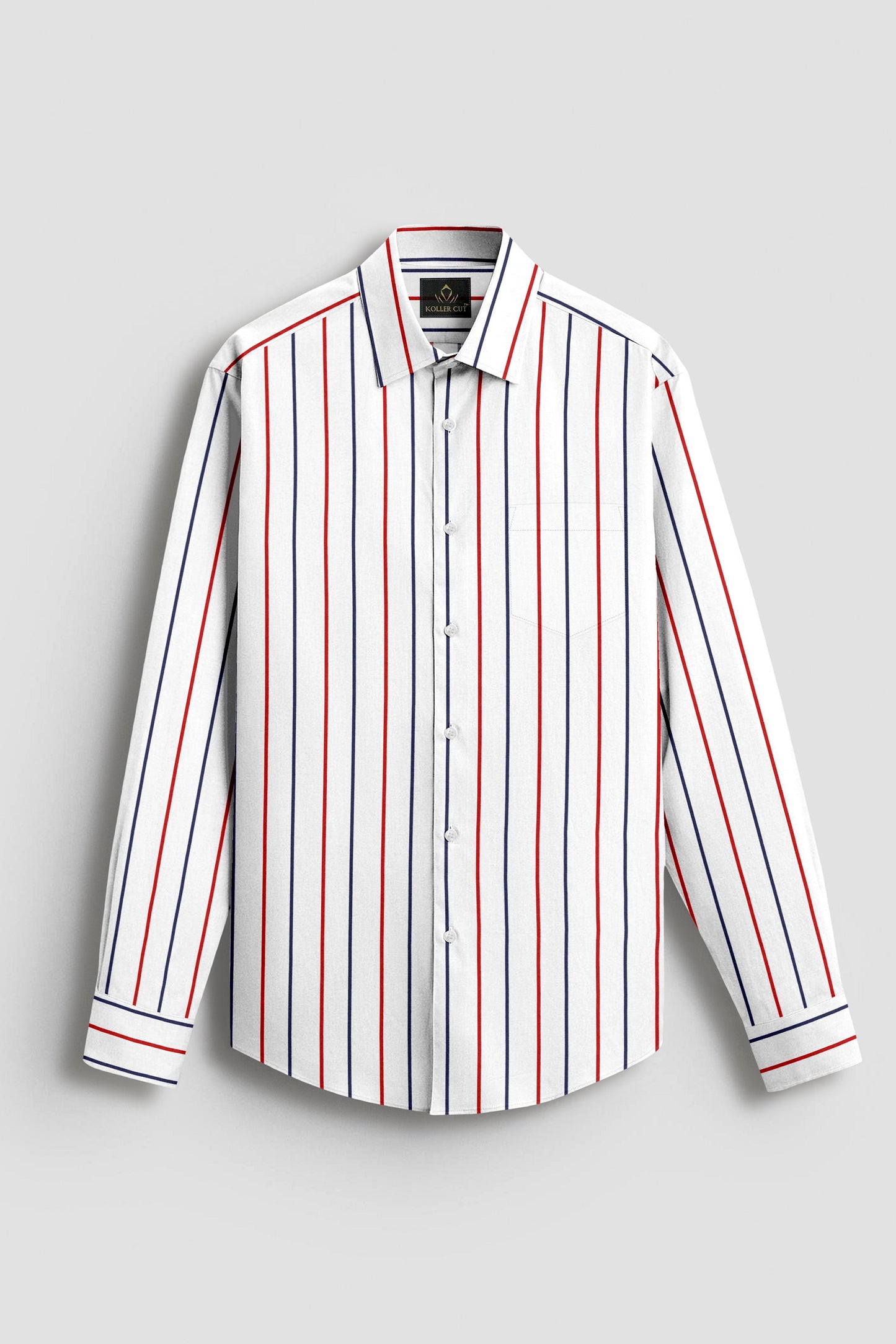 White with Scarlet Red and Navy Stripes Cotton Shirt