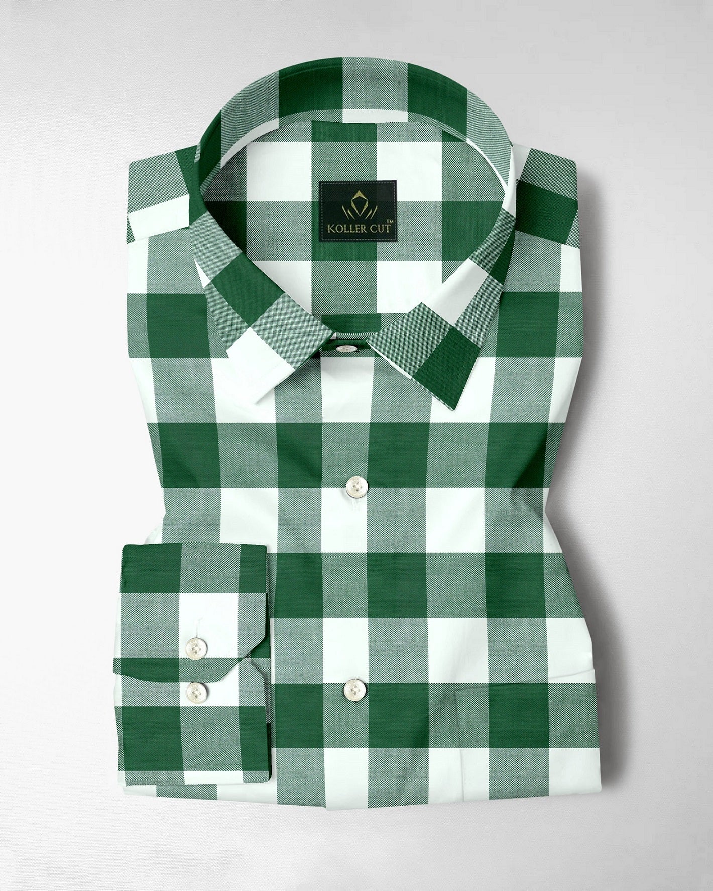 White and Emerald Green Buffalo Chekcs Oxford Cotton Shirt