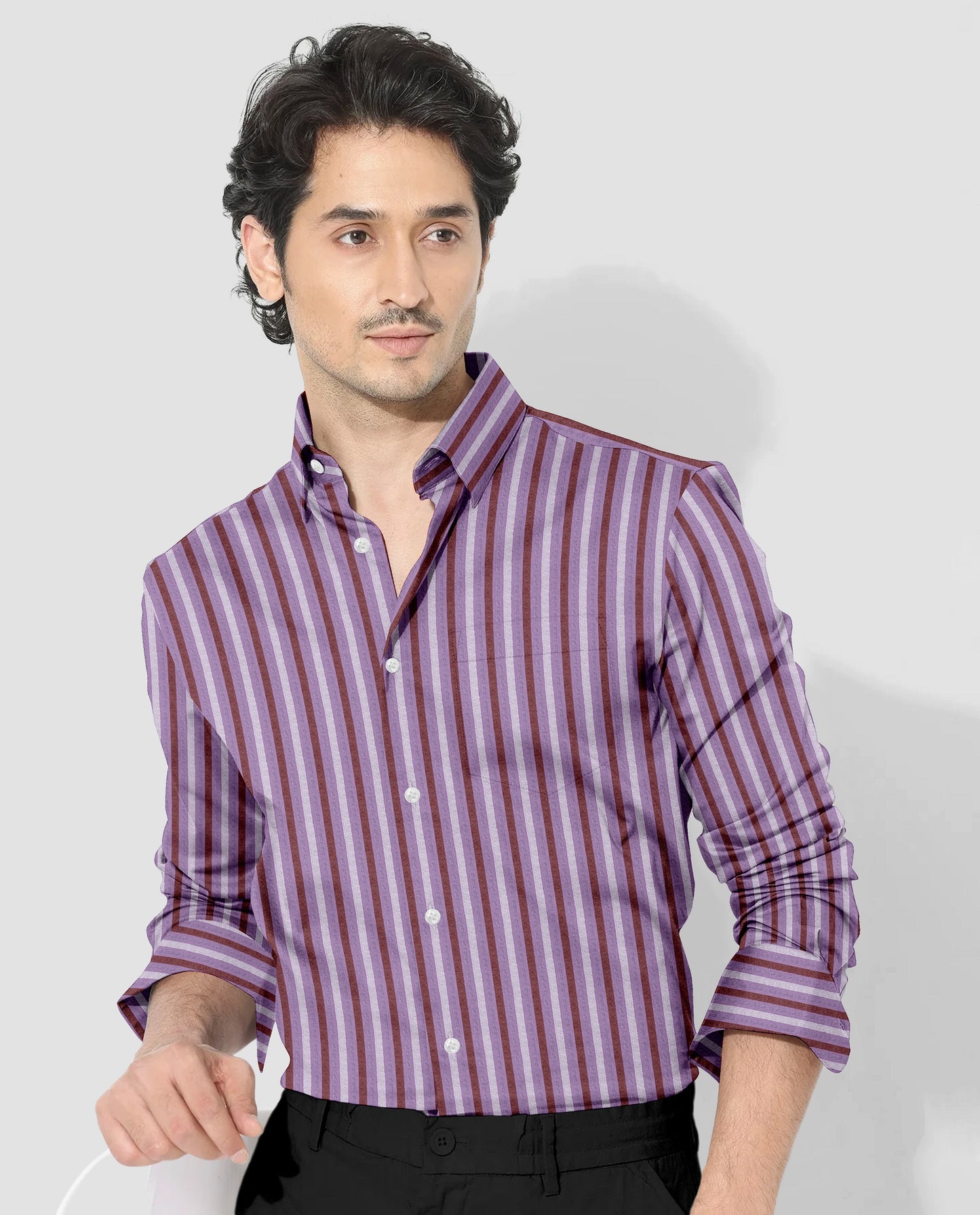 Crocus Purple with Brick Red and White Seersucker Stripes Cotton Shirt