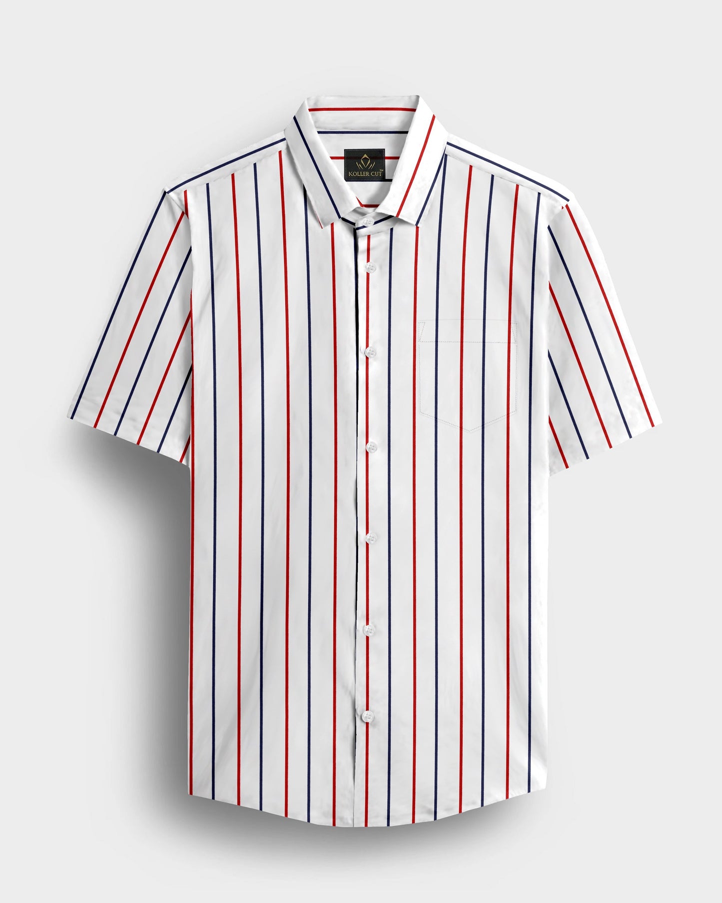 White with Scarlet Red and Navy Stripes Cotton Shirt
