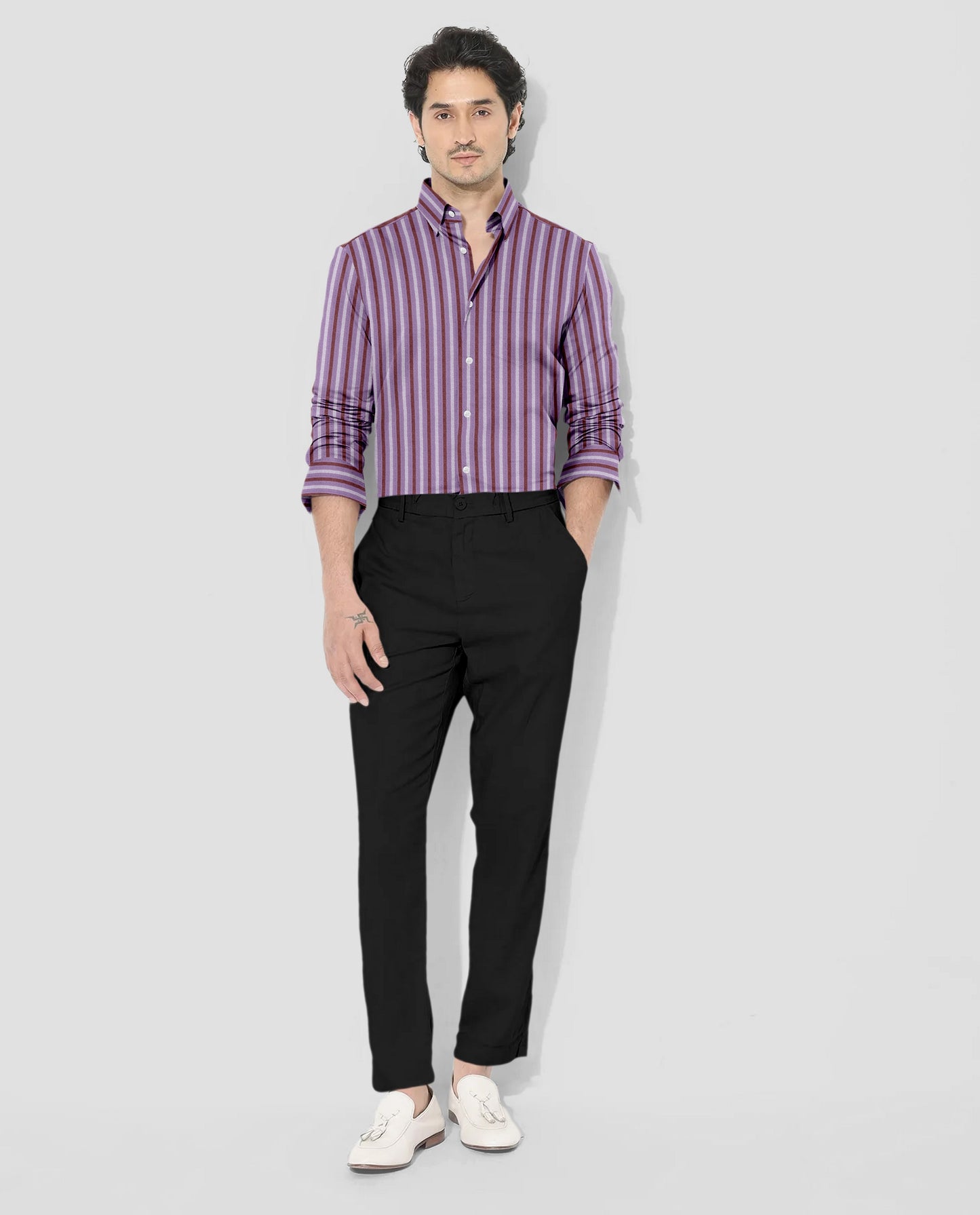 Crocus Purple with Brick Red and White Seersucker Stripes Cotton Shirt