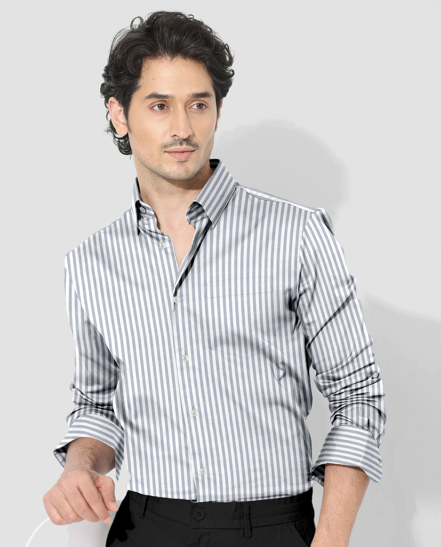 White and Silver Gray Candy Stripes Cotton Shirt