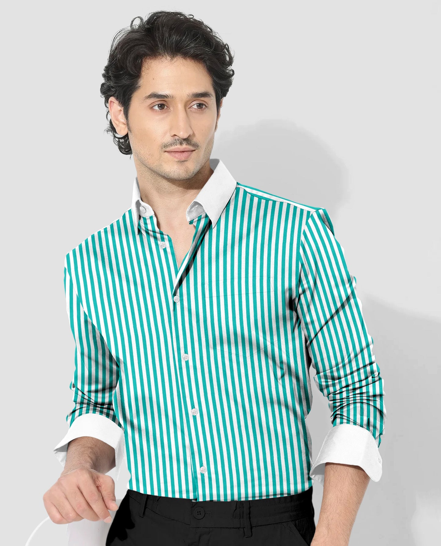 White and Seafoam Green Candy Stripes Designer Cotton Shirt