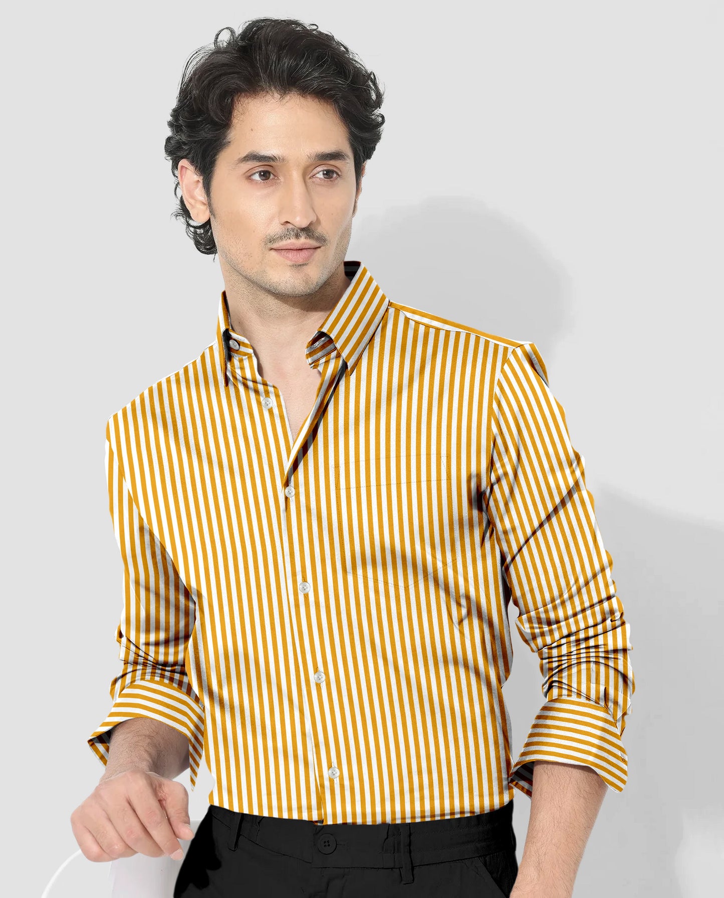 White and Mustard Yellow Candy Stripes Cotton Shirt