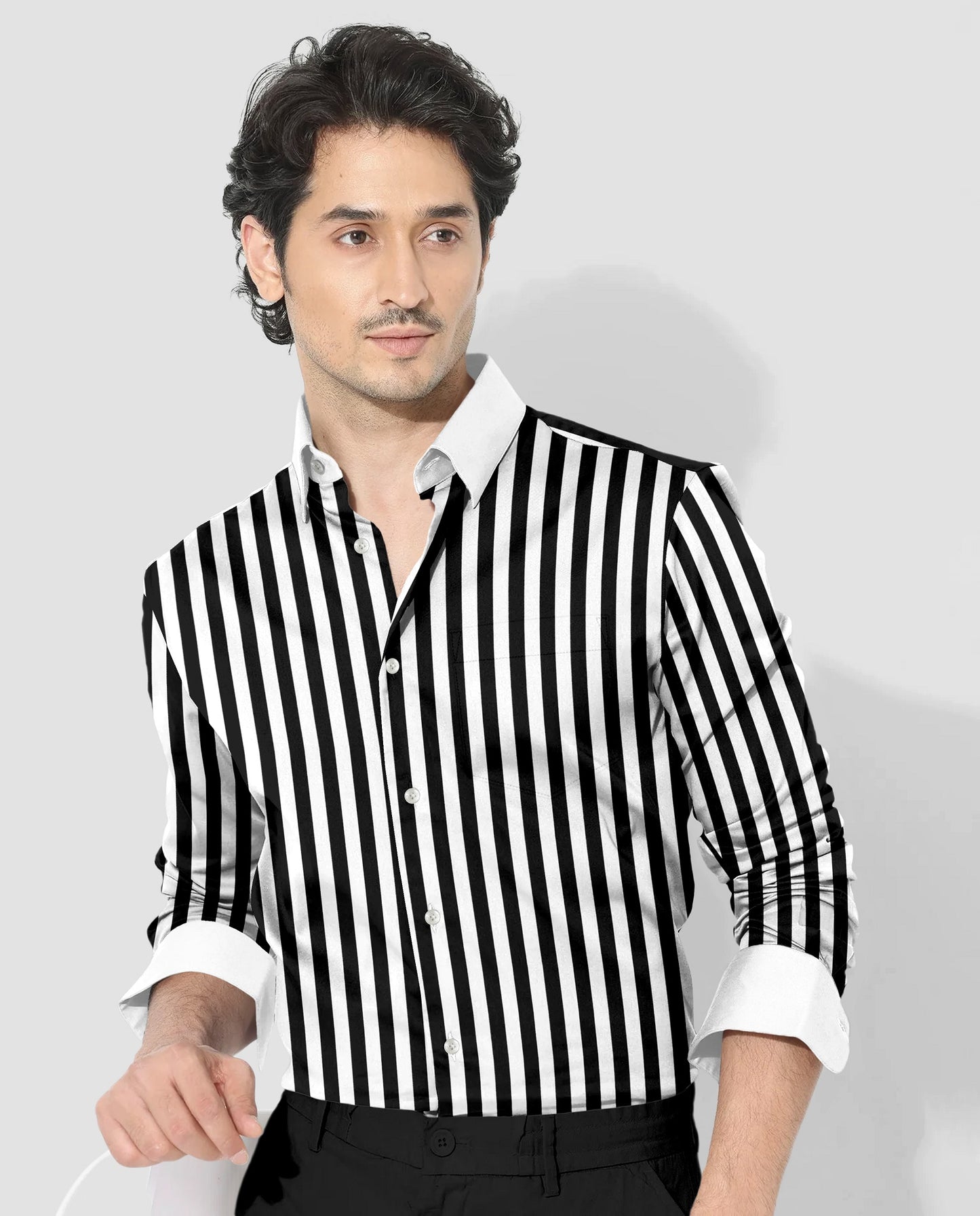 Jet Black and Bright White Chalk Stripes with White Cuff and Collar Designer Cotton Shirt