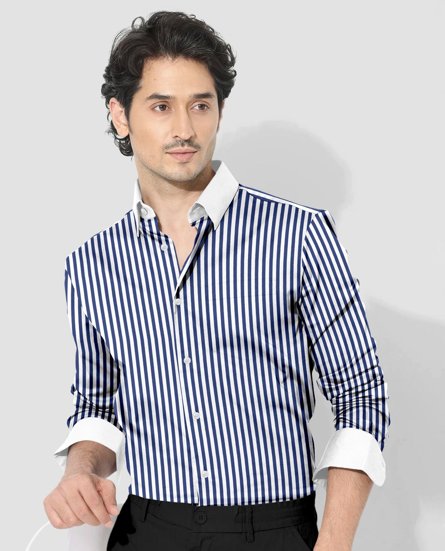 White and Victoria Blue Candy Stripes Designer Cotton Shirt