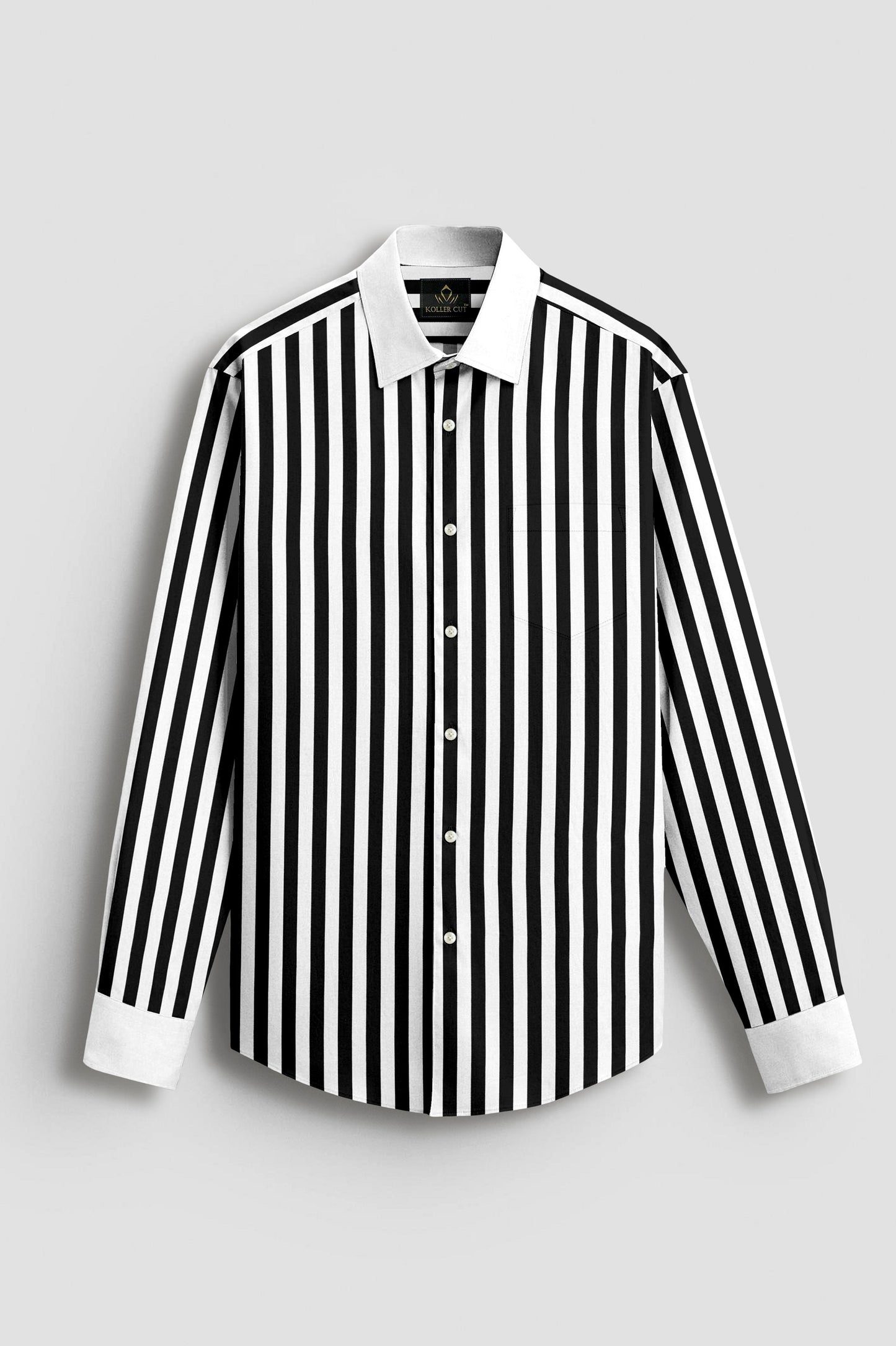 Jet Black and Bright White Chalk Stripes with White Cuff and Collar Designer Cotton Shirt