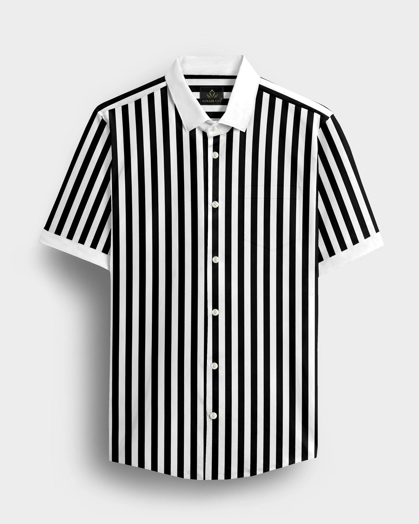 Jet Black and Bright White Chalk Stripes with White Cuff and Collar Designer Cotton Shirt