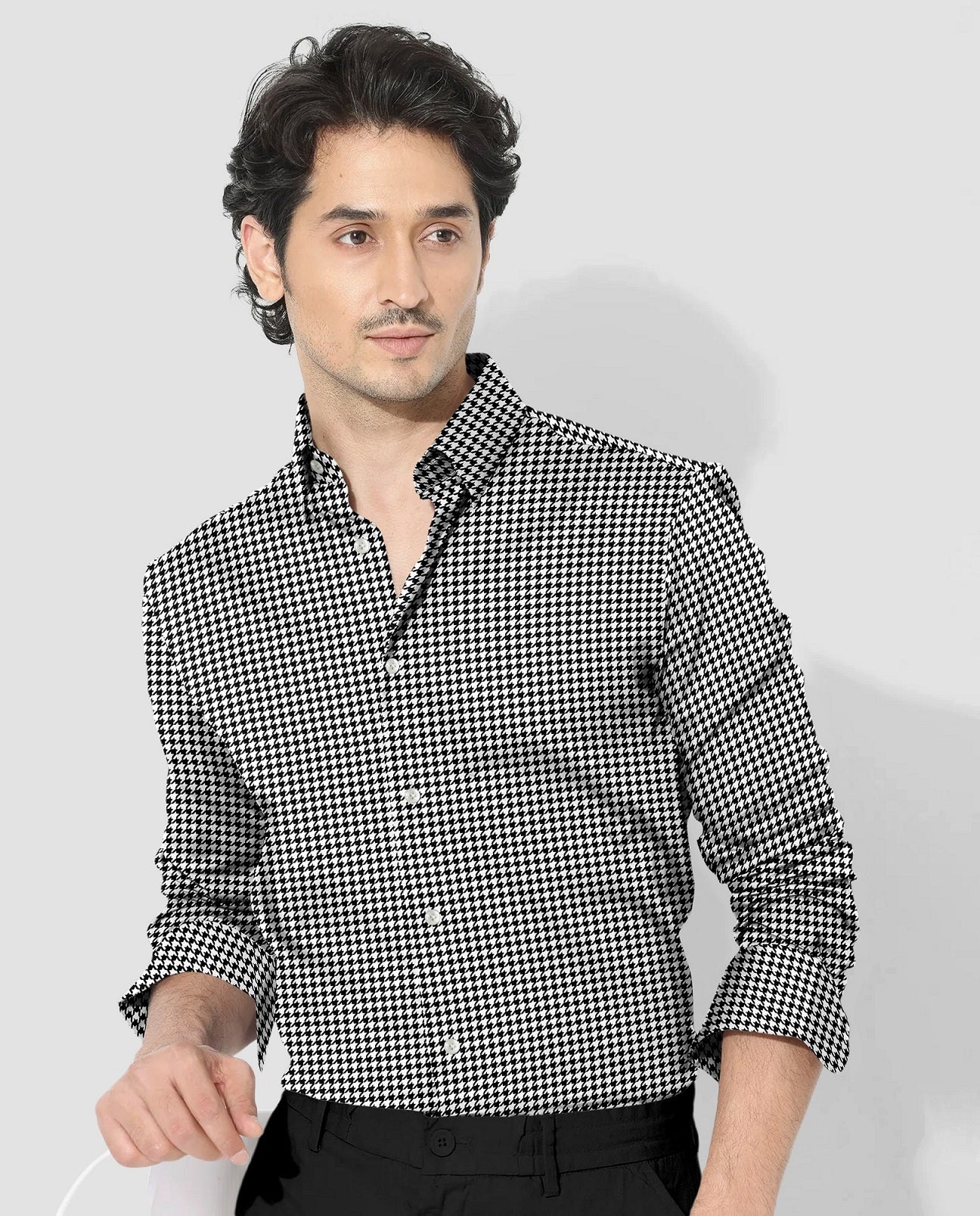White and Jet Black Hounds Tooth Checks Cotton Shirt