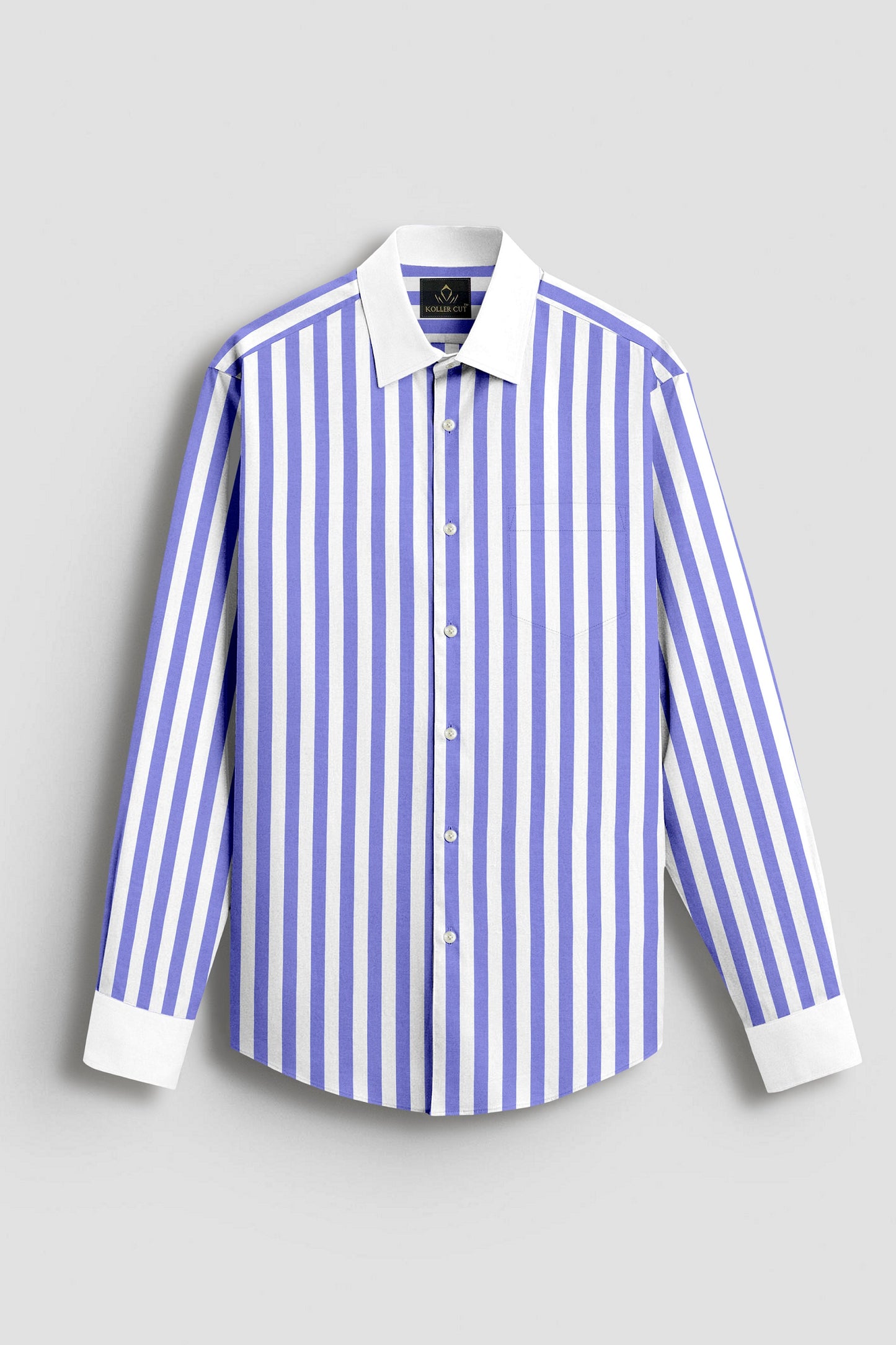 Iolite Blue and White Awning Stripes Designer Cotton Shirt