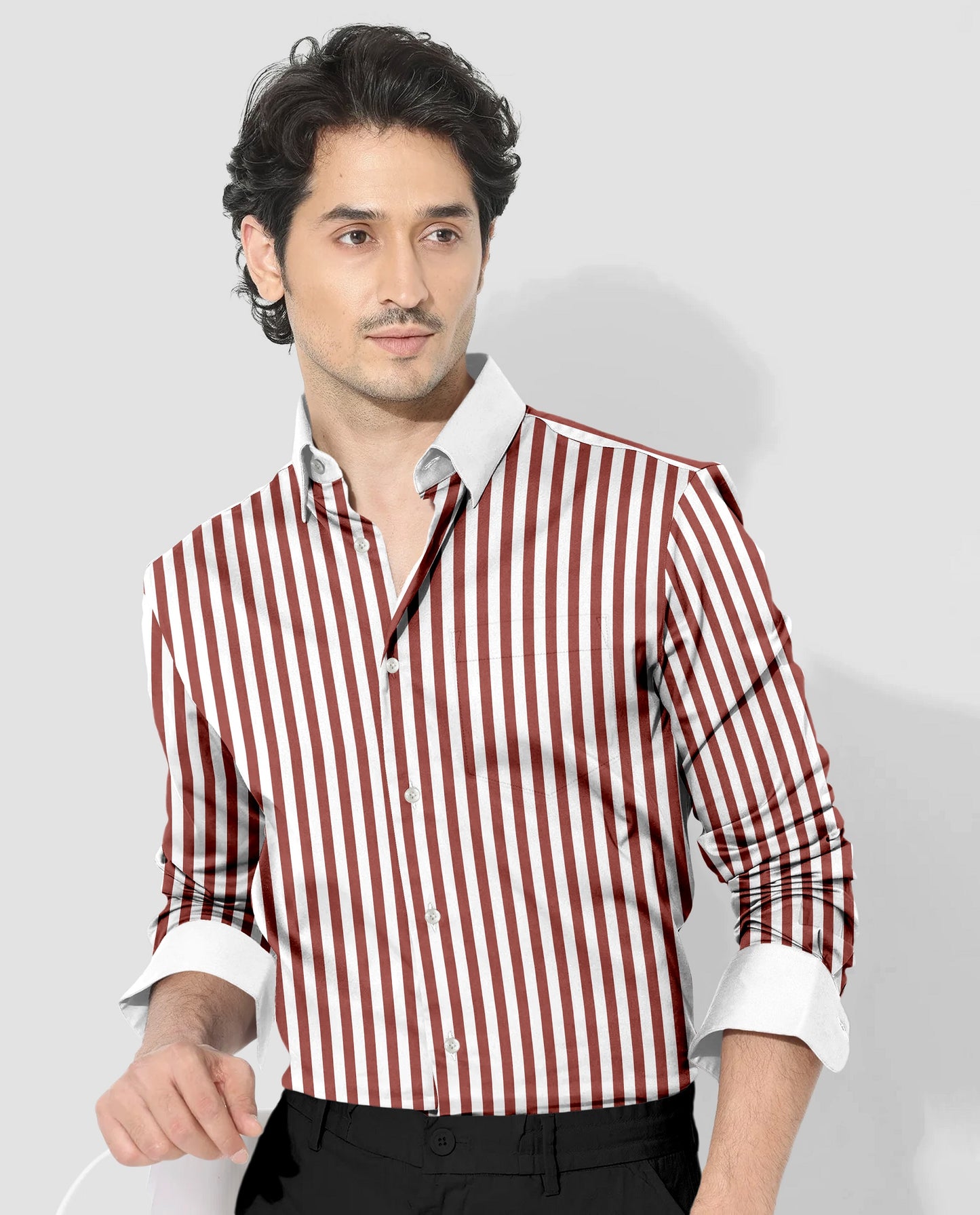 White and Russet Brown Chalk Stripes Designer Cotton Shirt