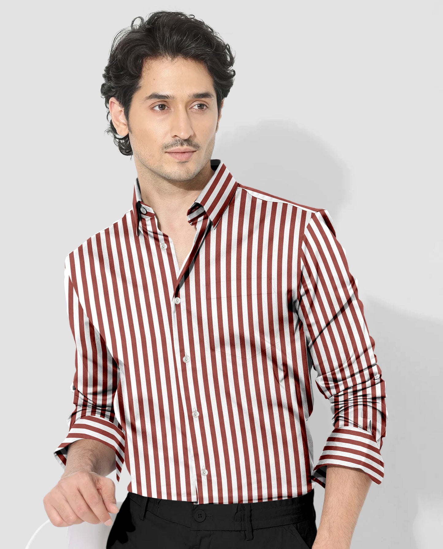 White and Russet Brown Chalk Stripes Cotton Shirt