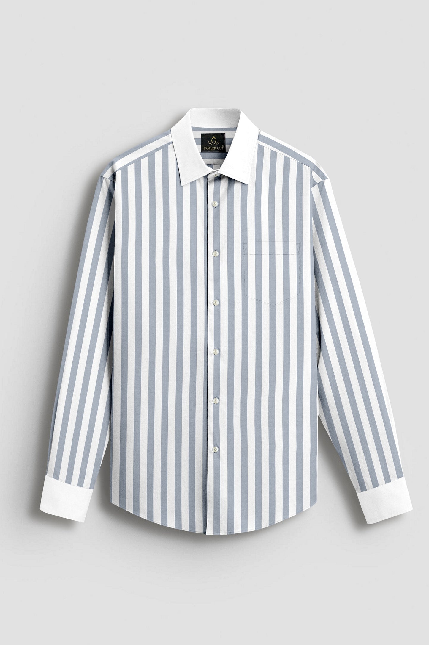 Lunar Gray and White Awning Stripes Designer Cotton Shirt