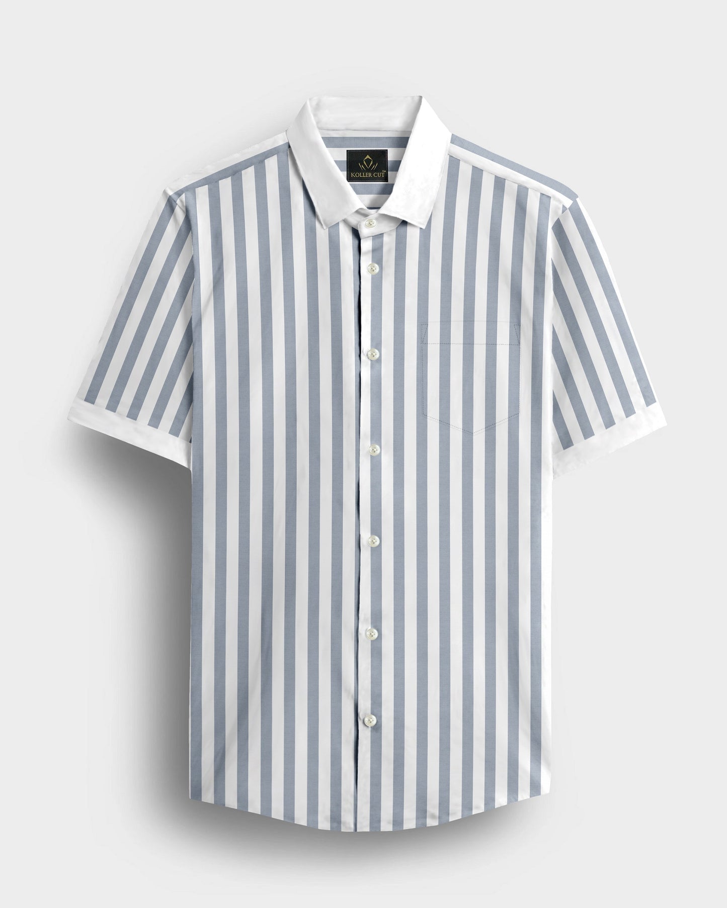 Lunar Gray and White Awning Stripes Designer Cotton Shirt