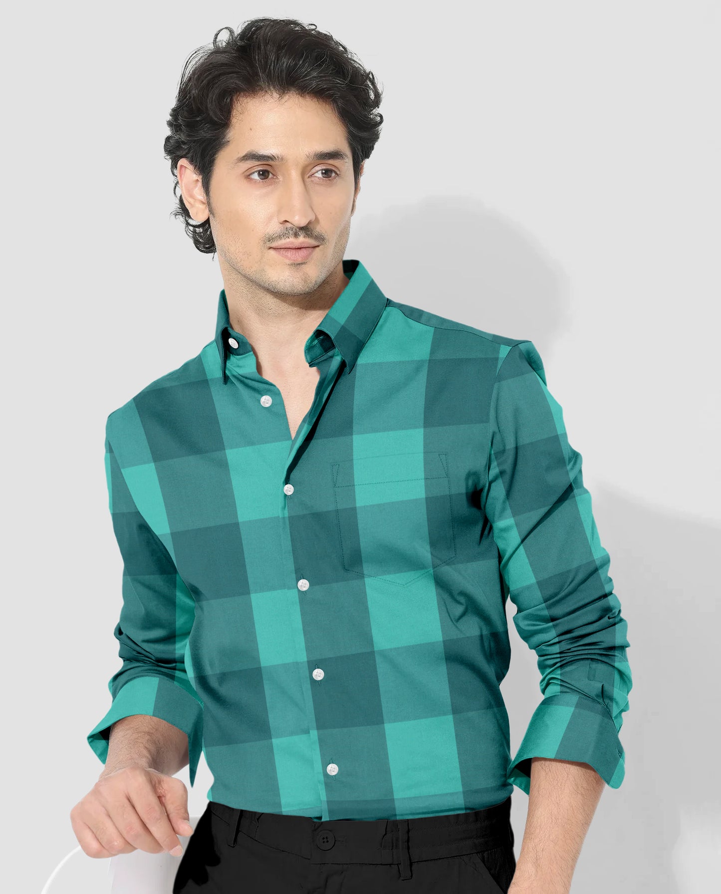Billiard Green and Biscay Green Buffalo Checks Cotton Shirt