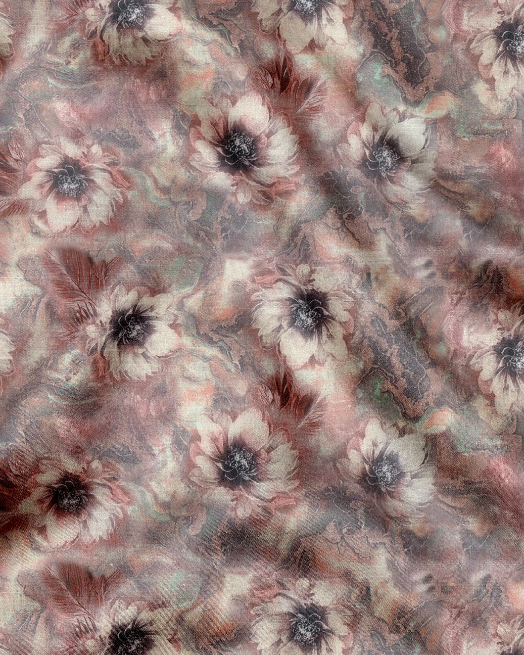 Angora Cream With Pinecone Brown and Aquasky Blue Peonies Flowers Printed Cotton Linen Shirt