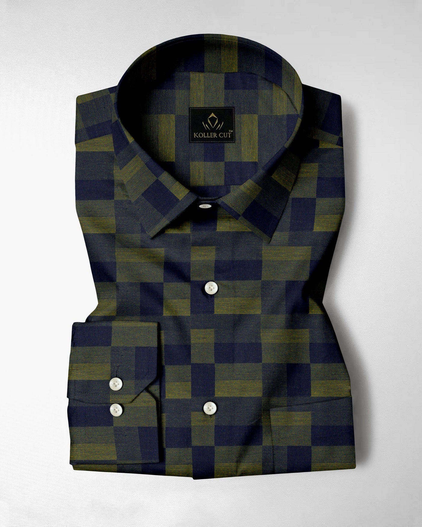 Cactus Green with Military Green and Moonlit Blue Rectangle Jacquard Checks Premium Egyptian Giza Cotton Shirt