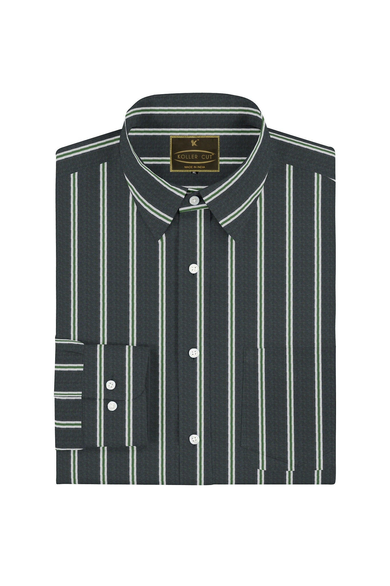 Iron Grey with Green Double Stripes Mens Cotton Shirt