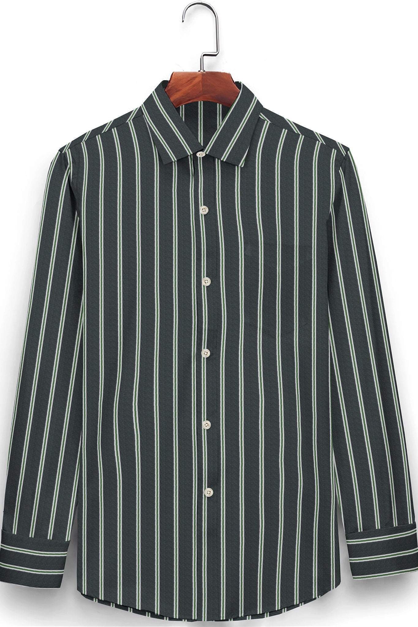 Iron Grey with Green Double Stripes Mens Cotton Shirt
