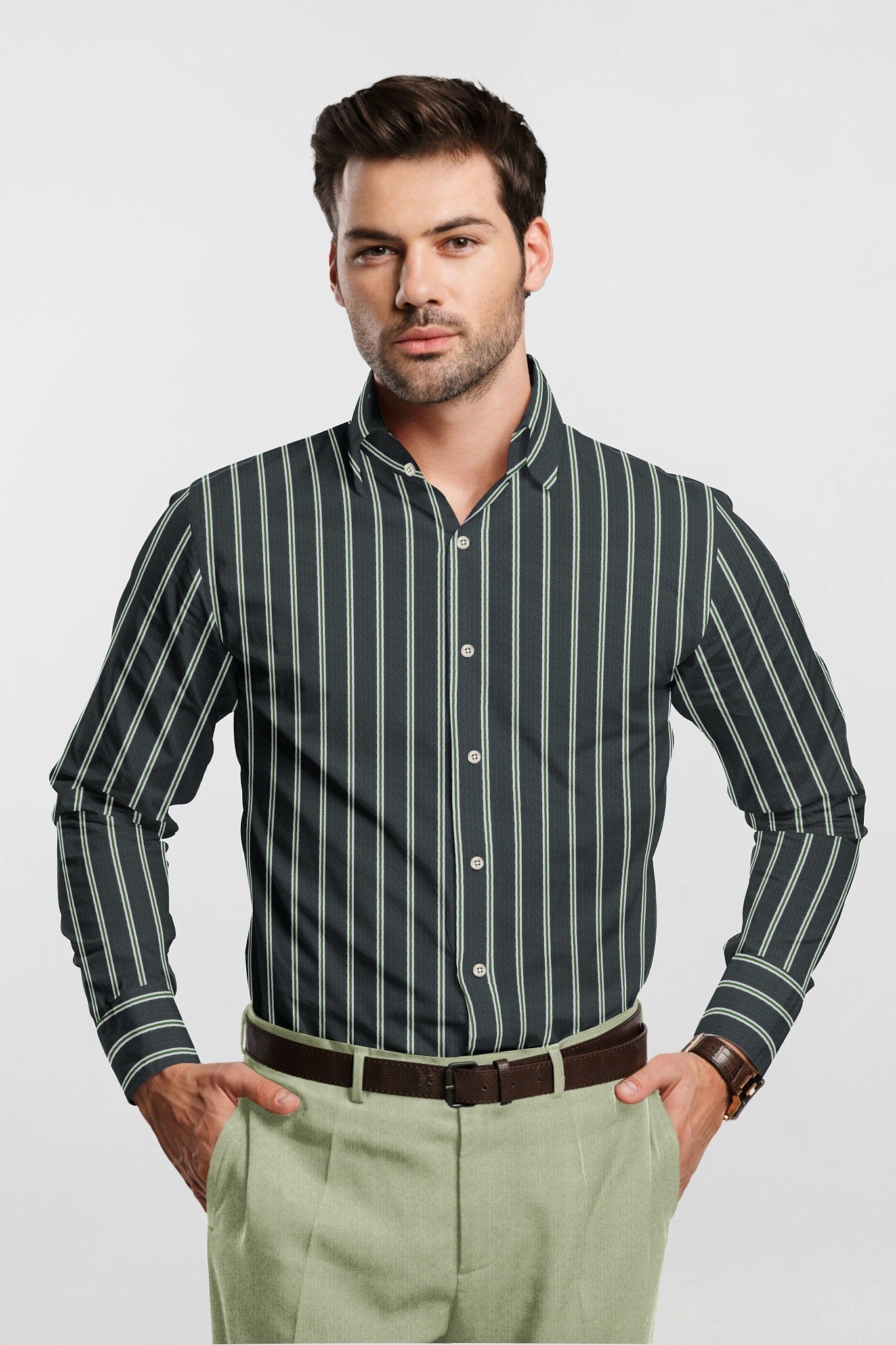 Iron Grey with Green Double Stripes Mens Cotton Shirt