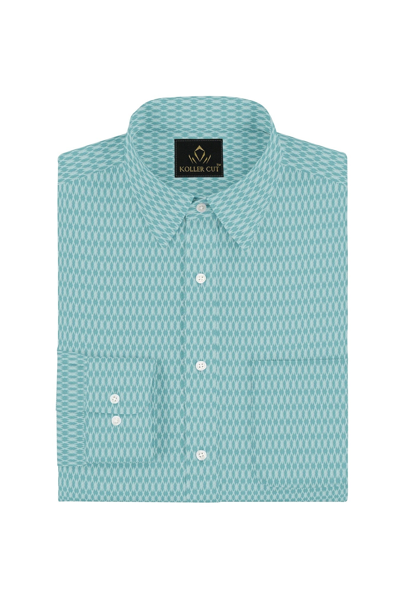 Turquoise Blue and White Diamond Dobby Checks Cotton Shirt