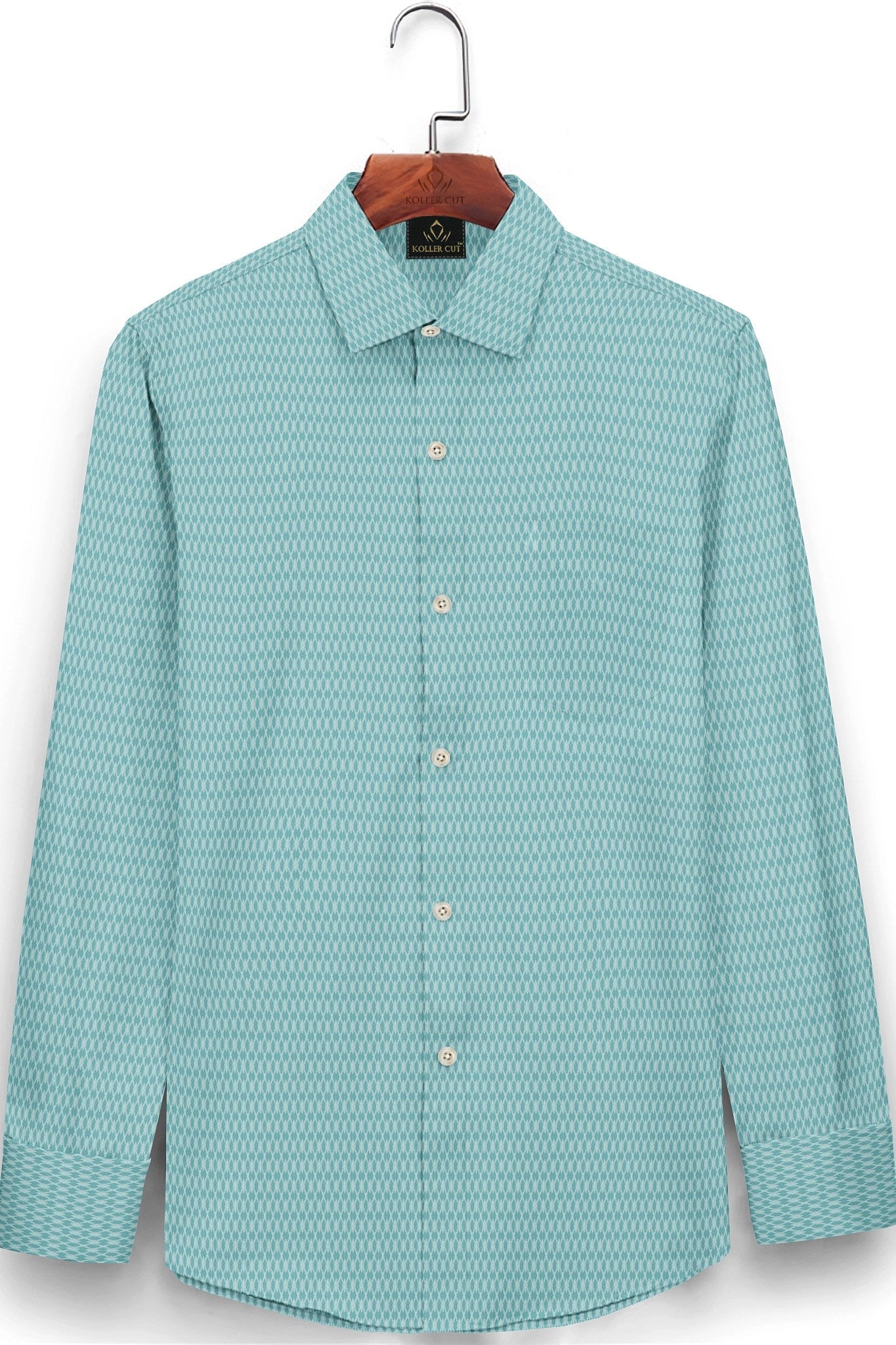 Turquoise Blue and White Diamond Dobby Checks Cotton Shirt