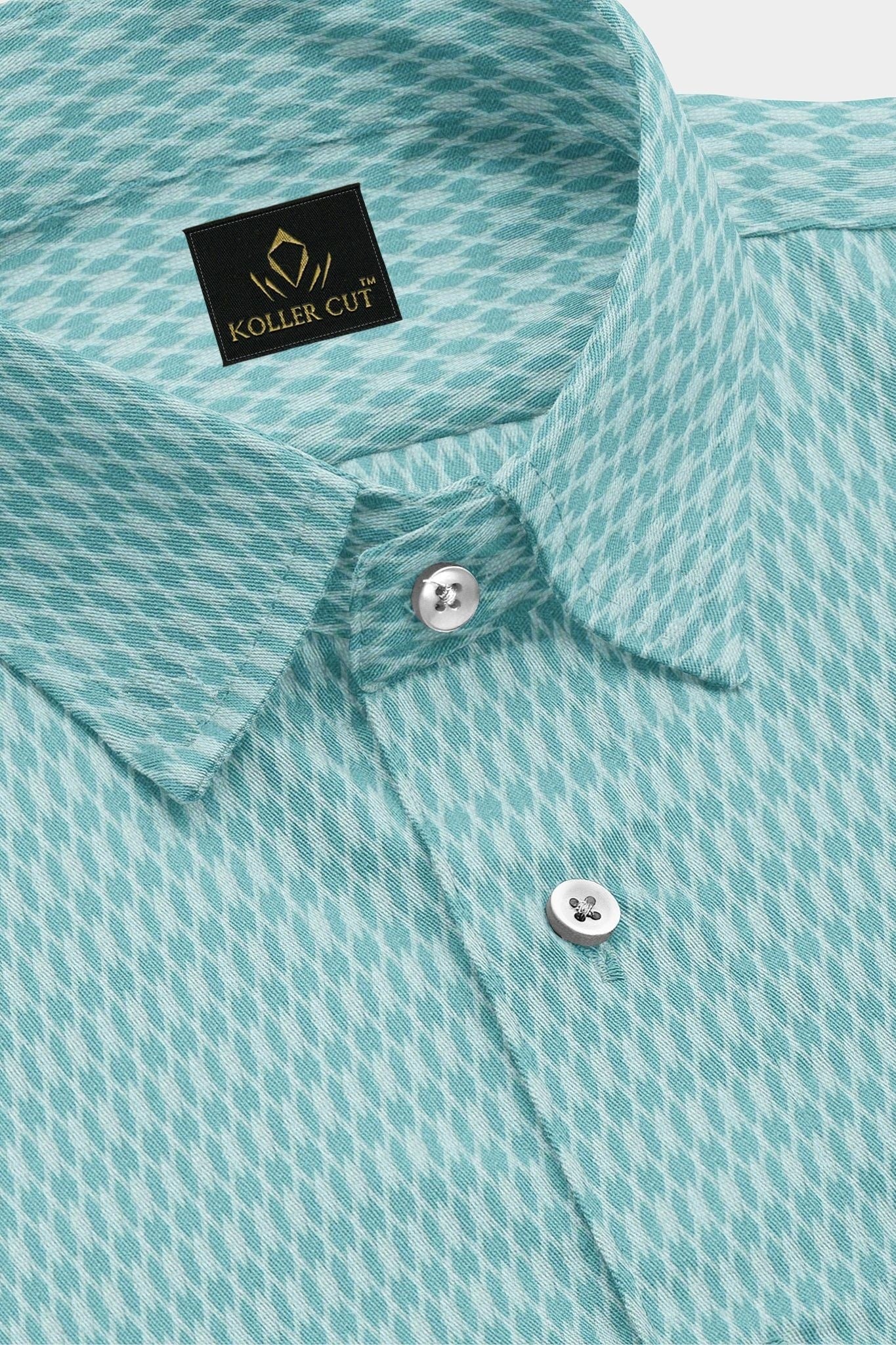 Turquoise Blue and White Diamond Dobby Checks Cotton Shirt