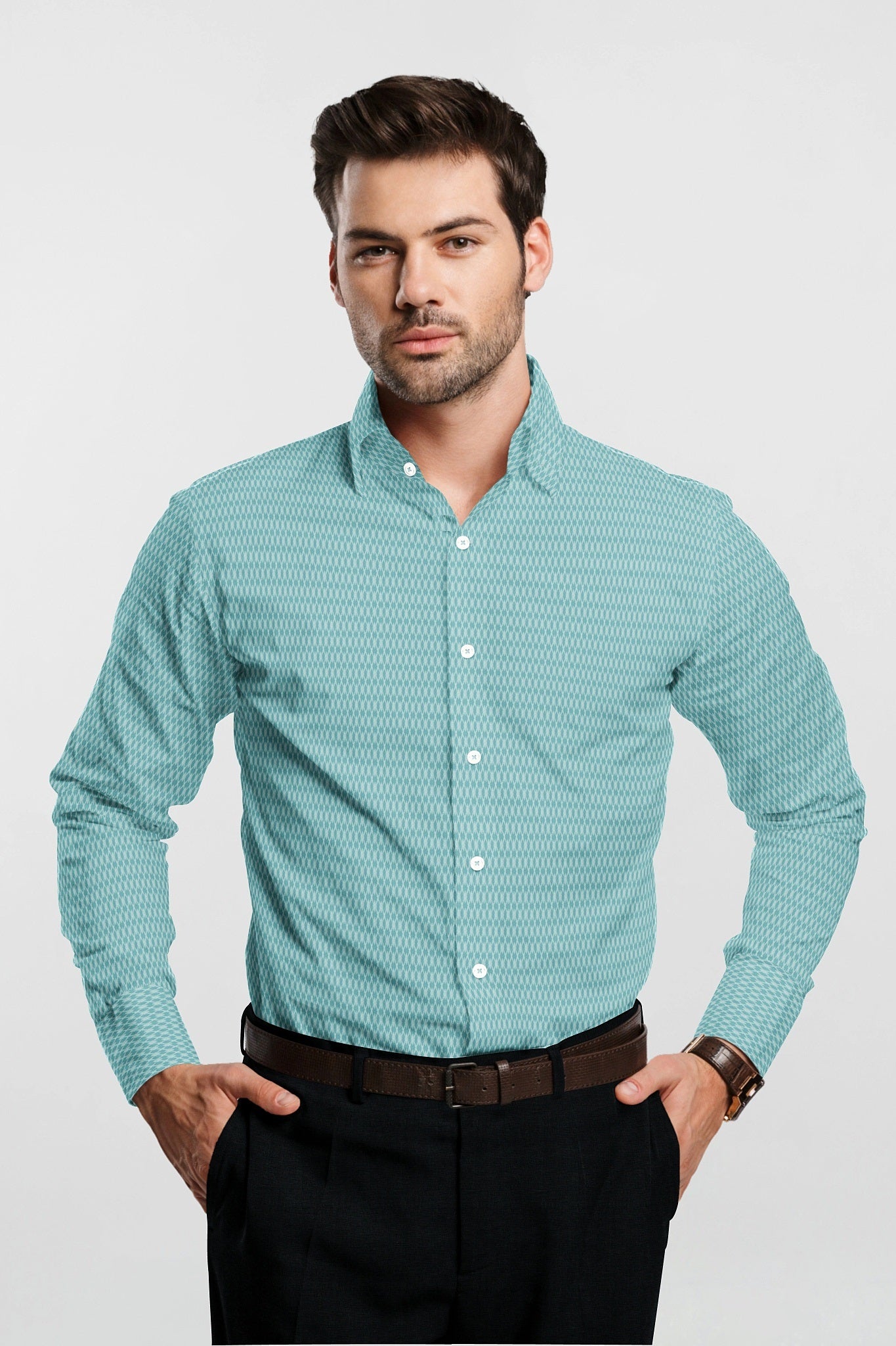 Turquoise Blue and White Diamond Dobby Checks Cotton Shirt
