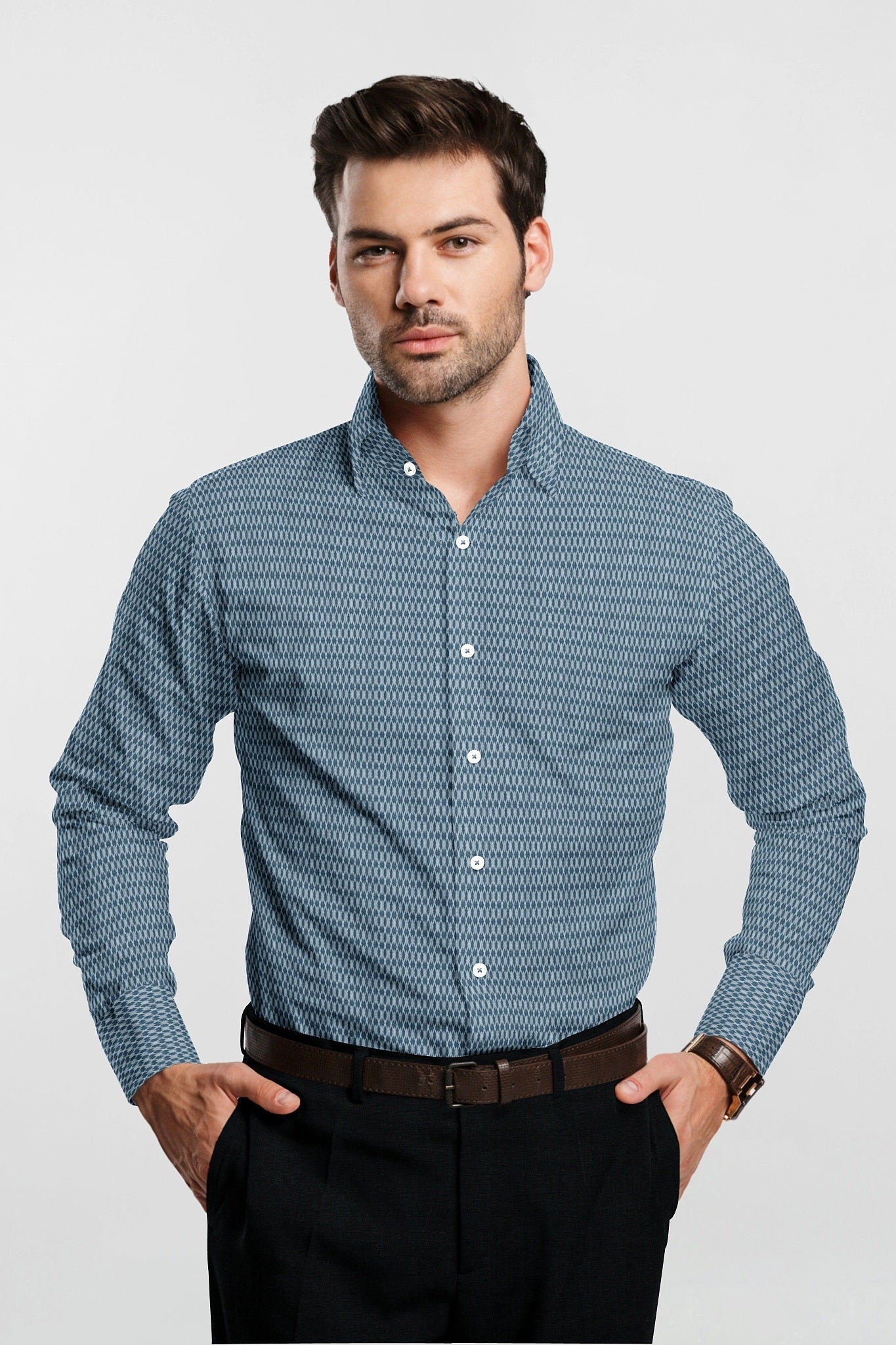 Celestial Blue and White Diamond Dobby Checks Cotton Shirt